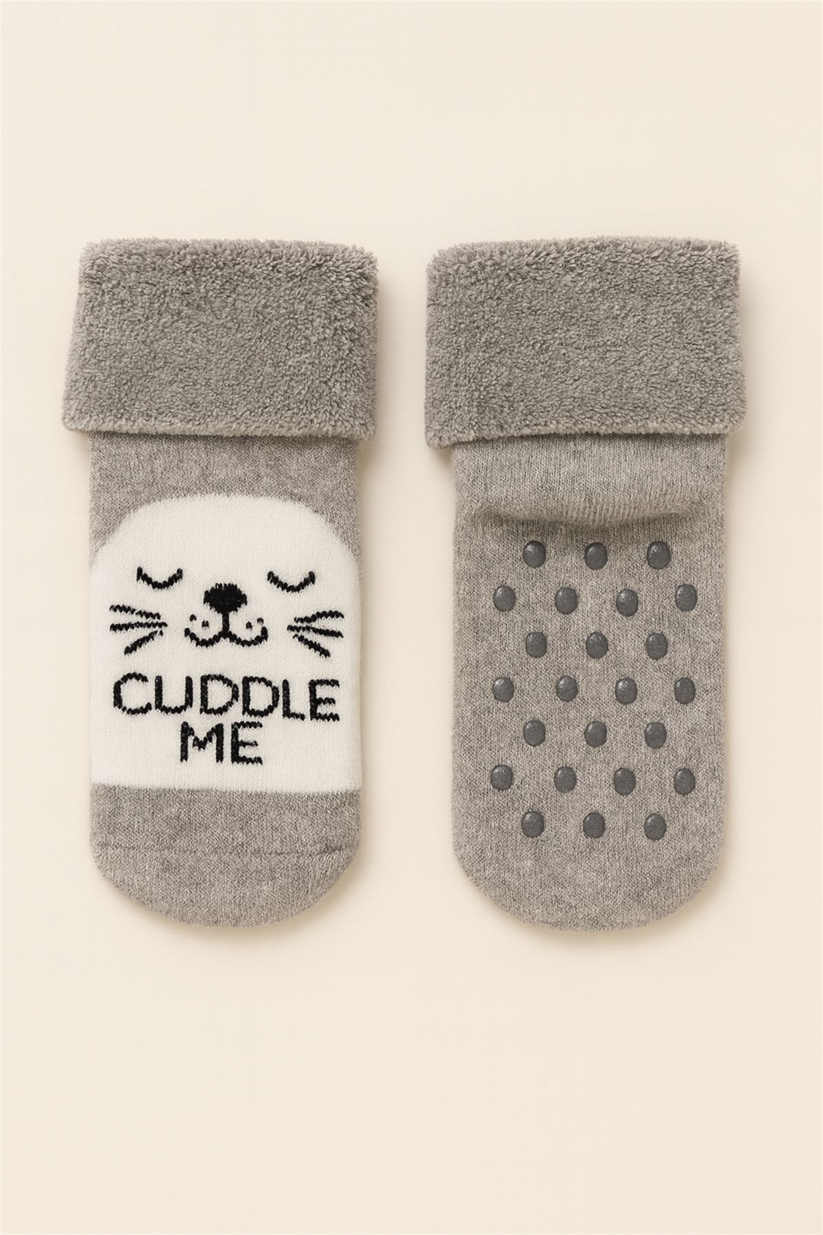 Bebek Hayvan Desenli Havlu Soket Çorap Gri