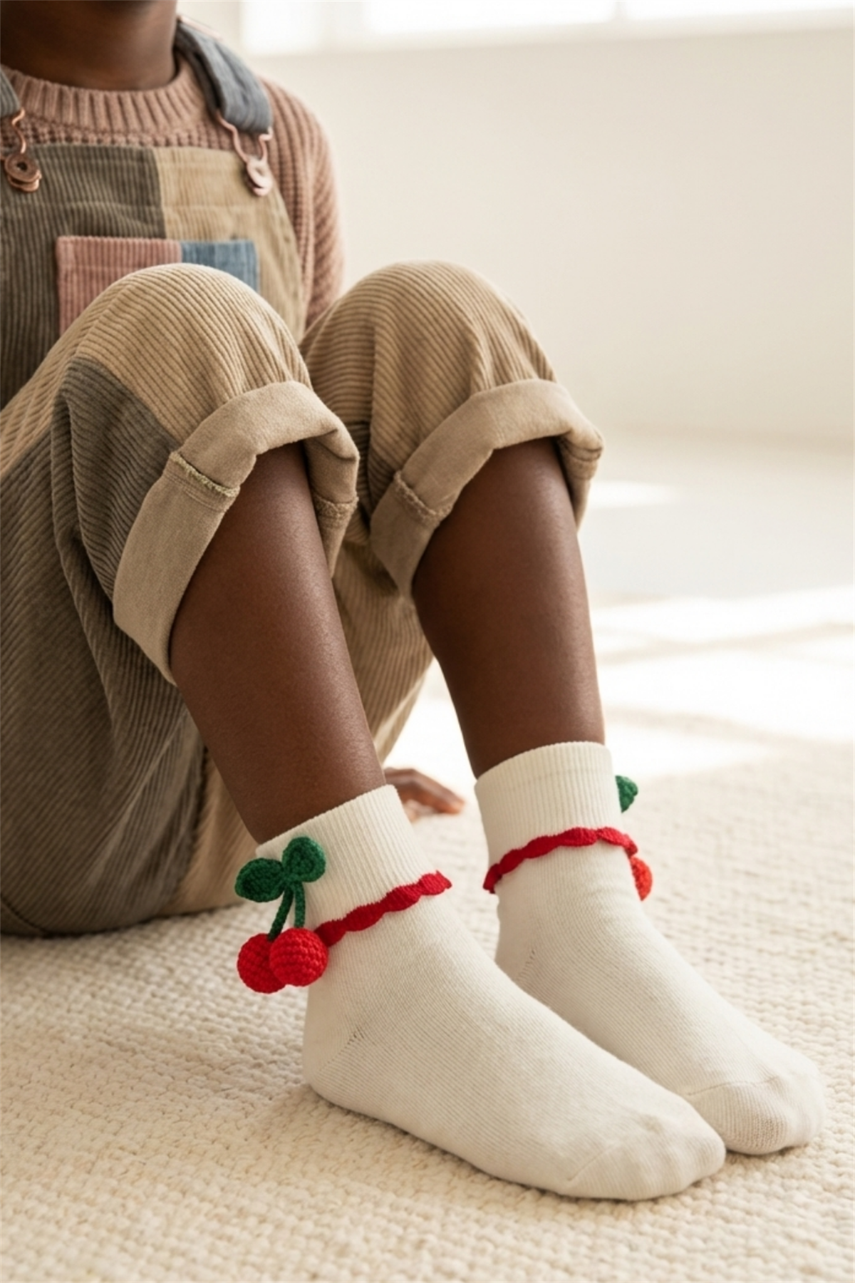 Kiraz Desenli Taban Altı Baskılı Beyaz Çocuk Step Çorap