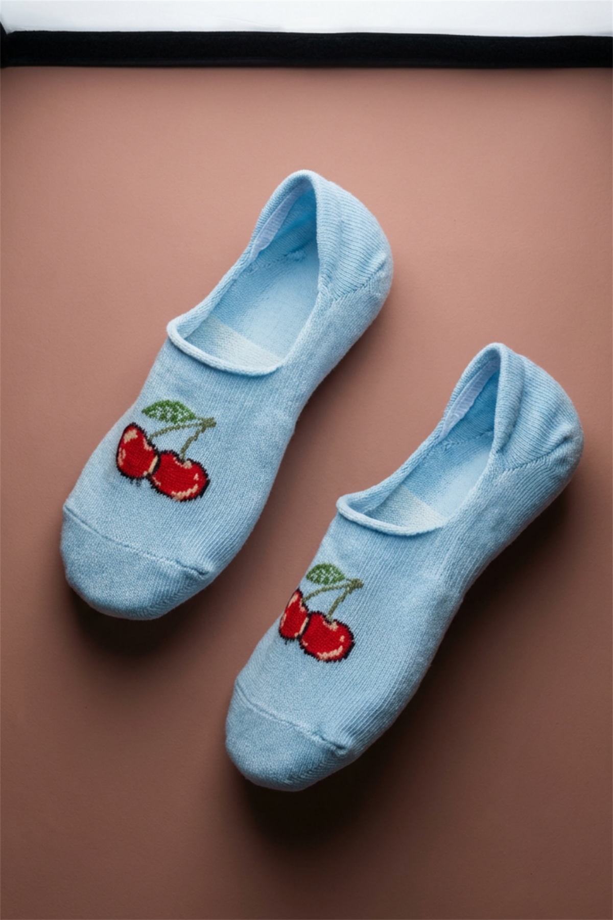 Cherry Patterned Blue Childrens Invisible Socks