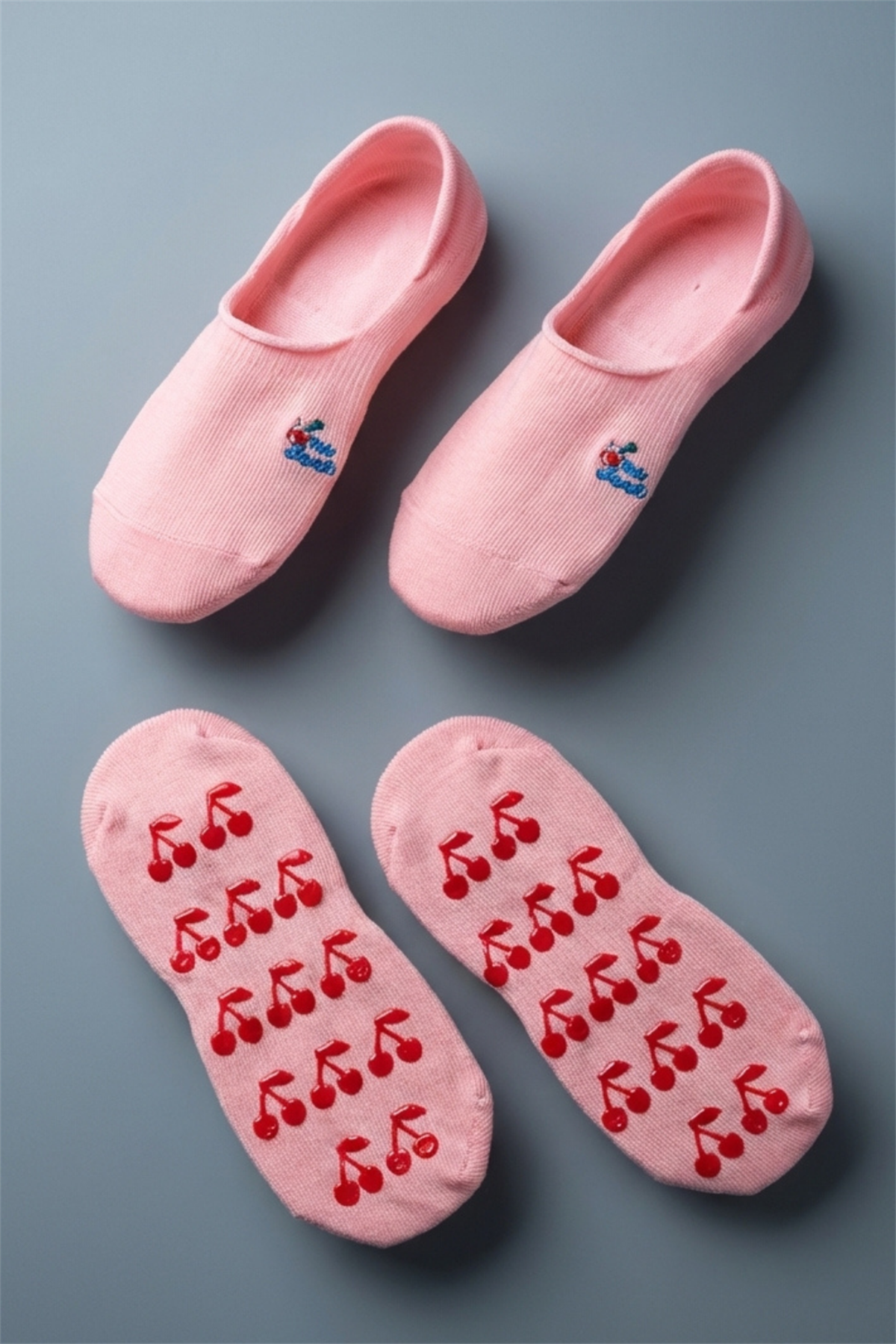 Pink Childrens Invisible Socks With Cherry Pattern