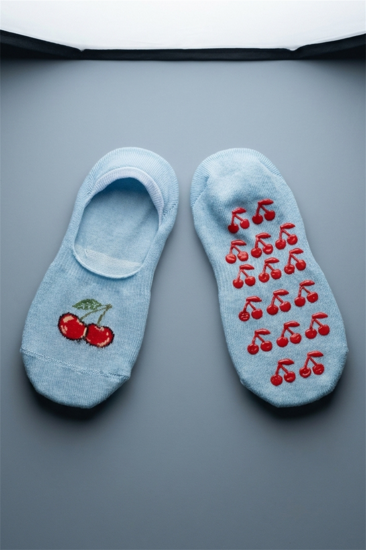 Cherry Patterned Blue Childrens Invisible Socks