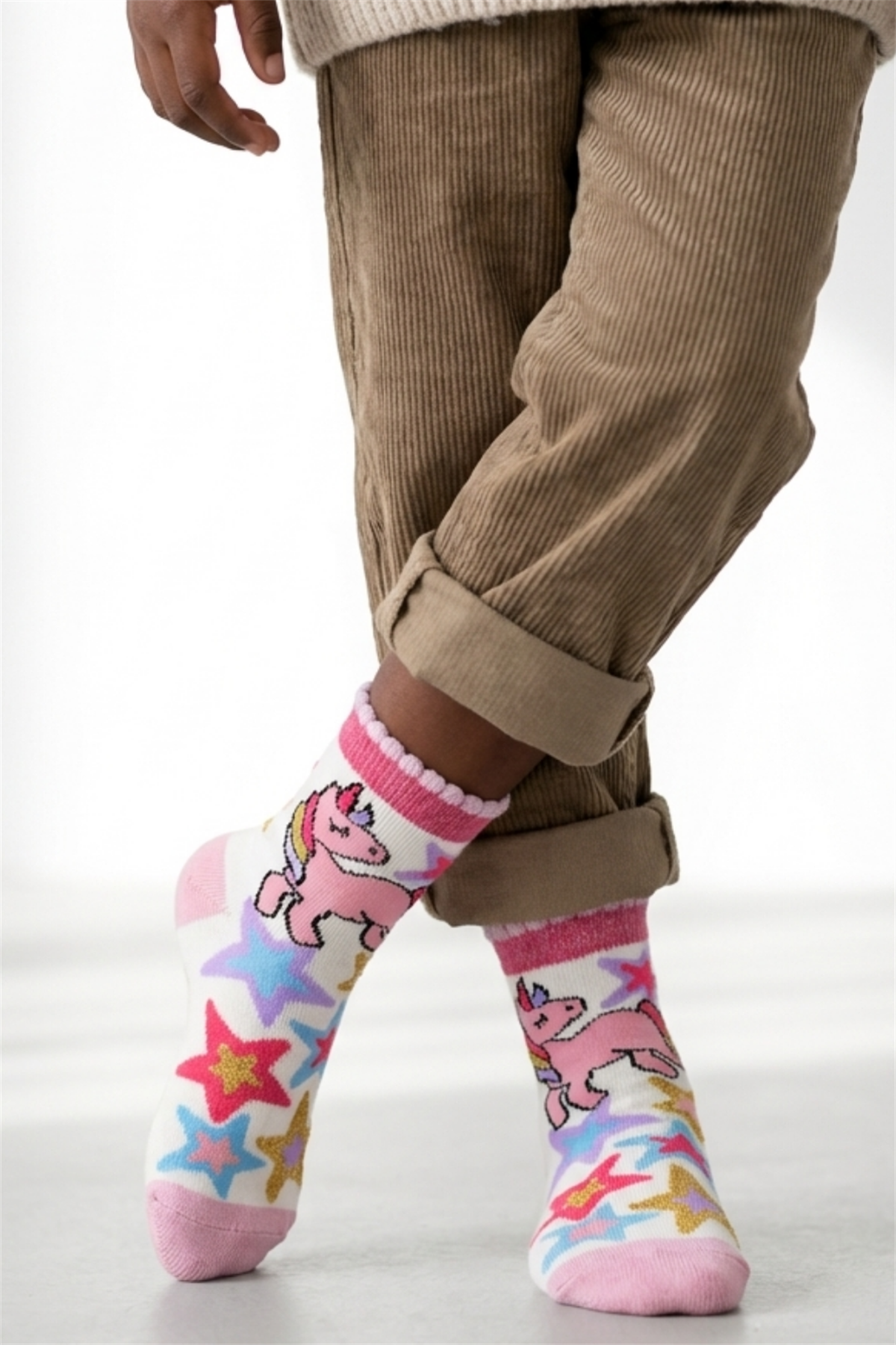 Çizgili Unicorn Desenli Lila Çocuk Soket Çorap