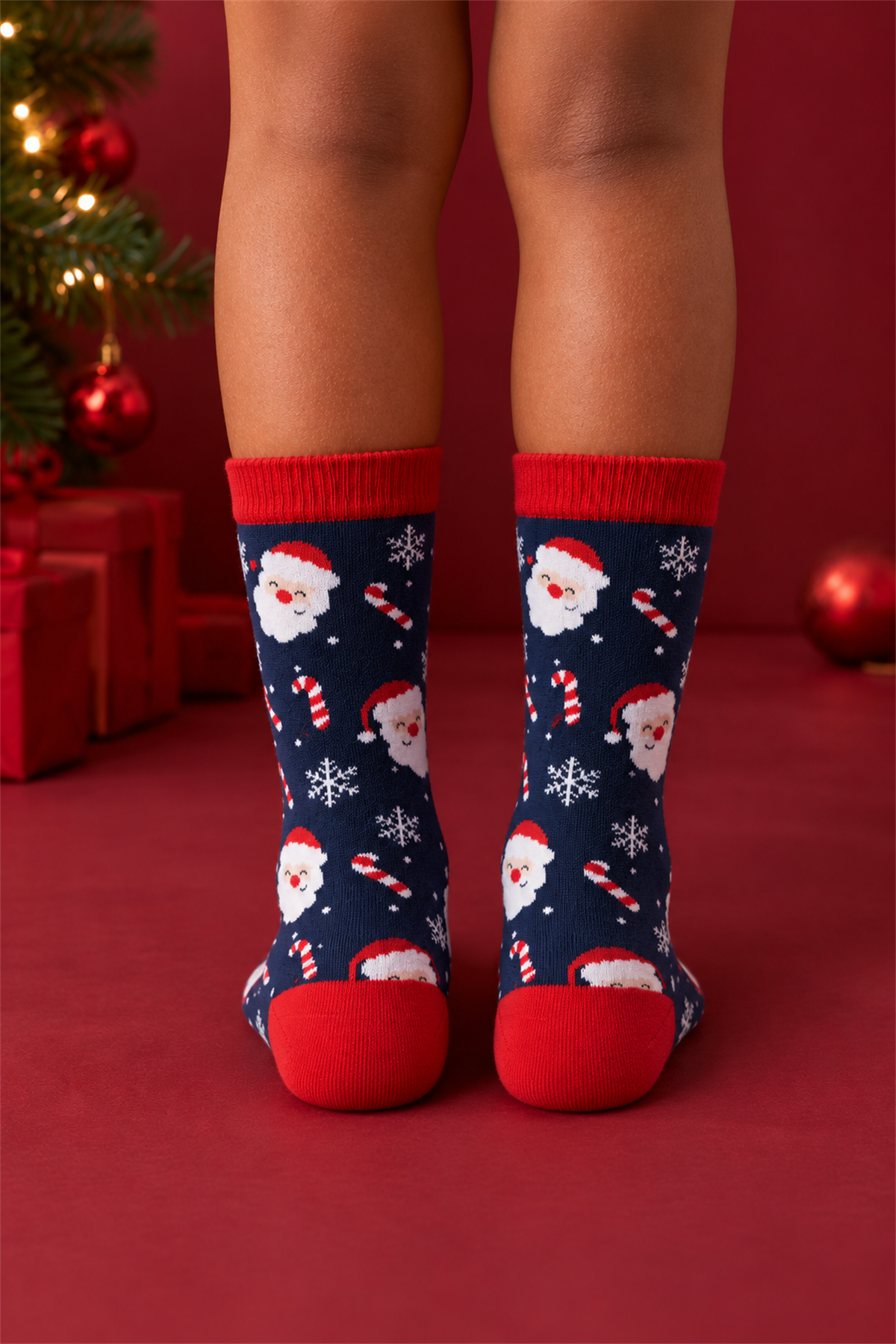 Çocuk Noel Baba Desenli Pamuklu Yılbaşı Soket Çorap Lacivert