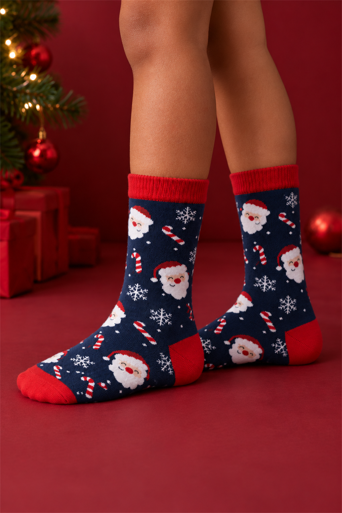 Çocuk Noel Baba Desenli Pamuklu Yılbaşı Soket Çorap Lacivert