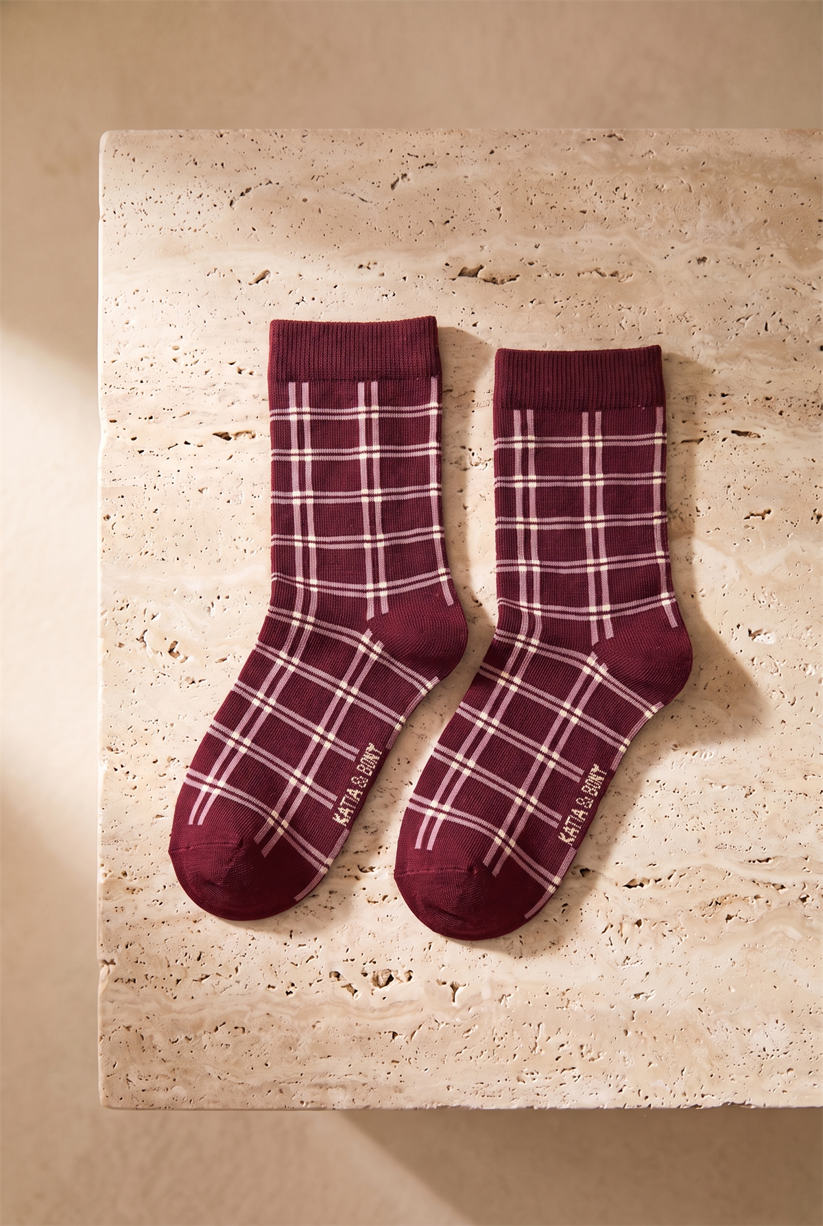 Unisex Ekoseli Pamuklu Soket Çorap Bordo