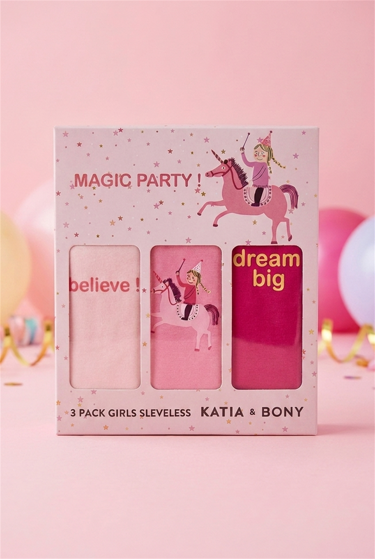 3lü Paket Unicorn Kız Çocuk Kutulu Atlet Pembe