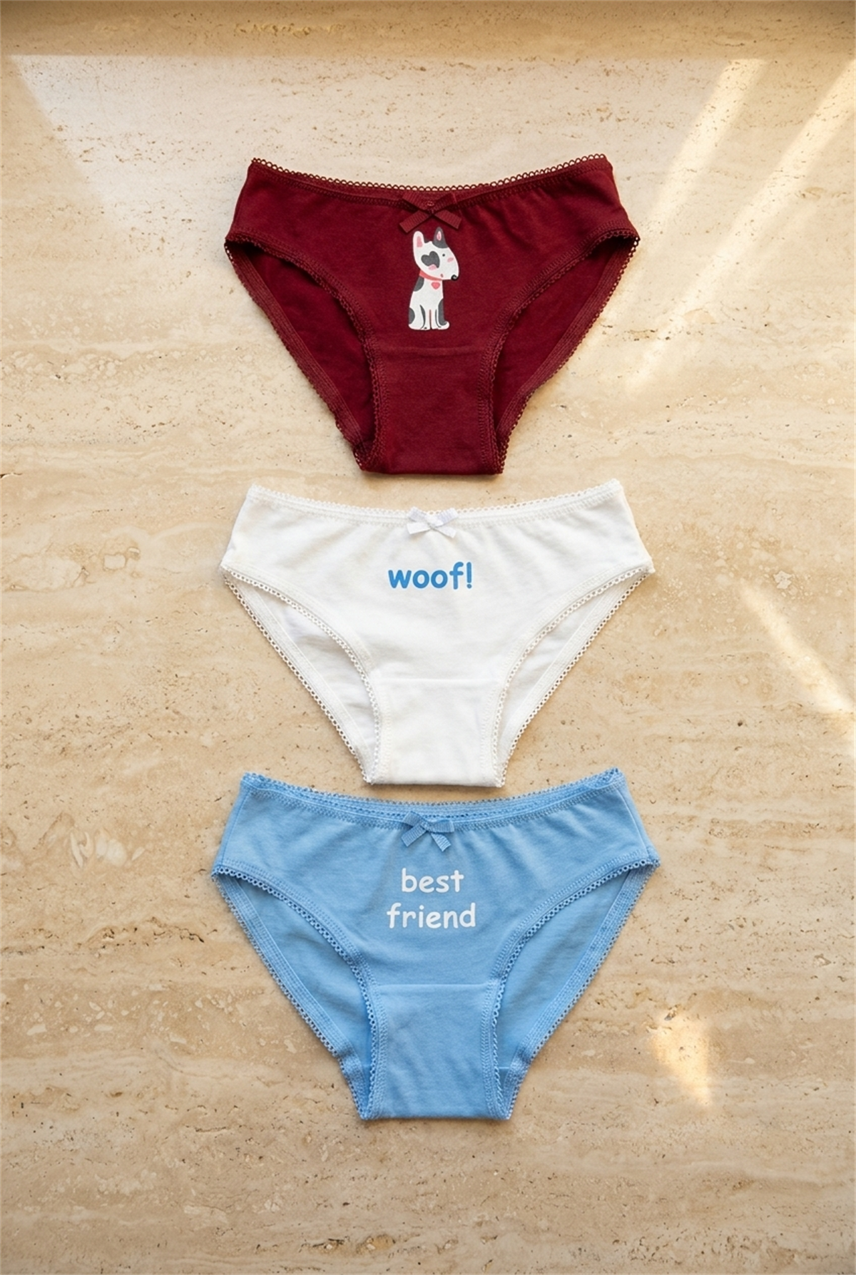 3Pck Dog Patterned Gırls Slıp Wıth Box Red