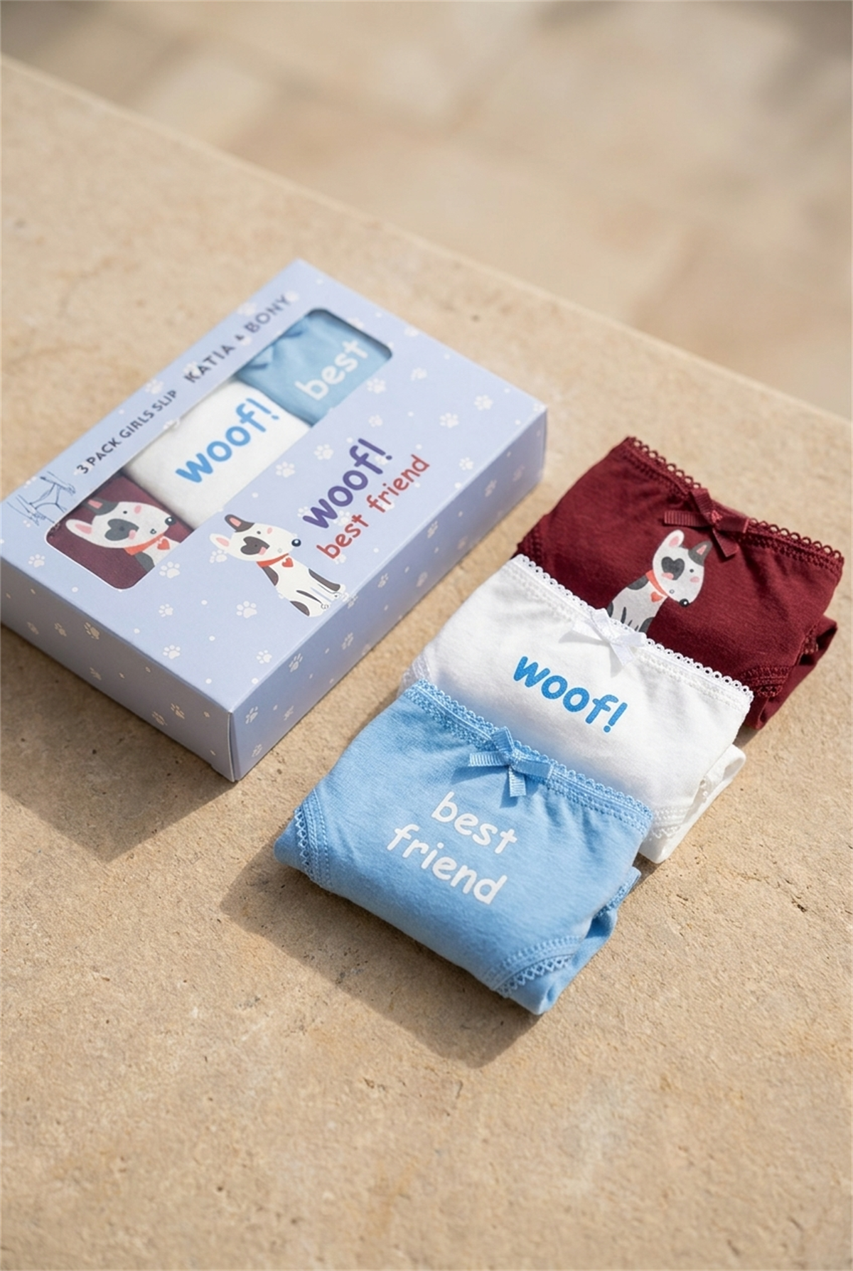 3Pck Dog Patterned Gırls Slıp Wıth Box Red