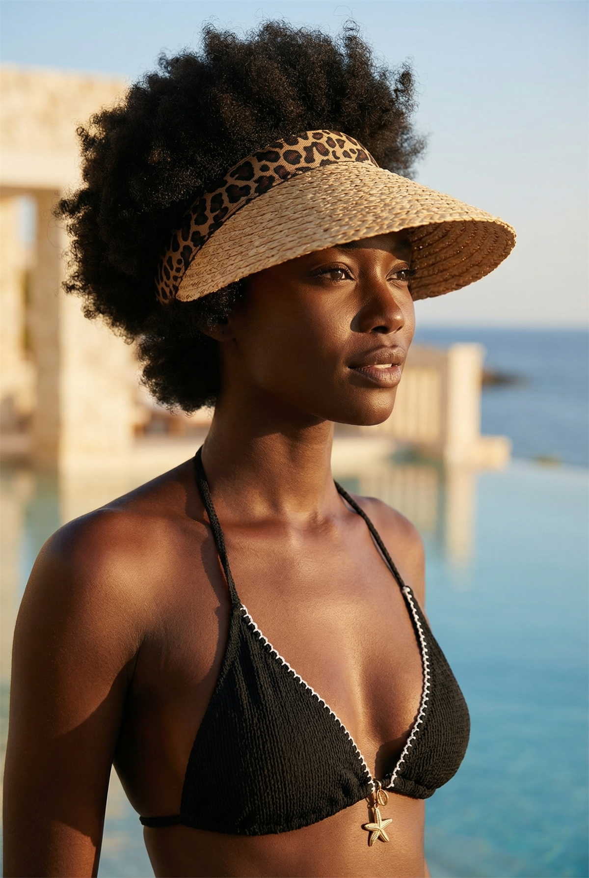 Womens Leopard Vizor Straw Hat Beige