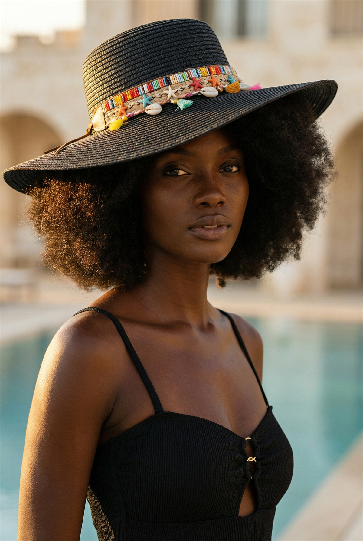 Womens Seashell Straw Hat Black