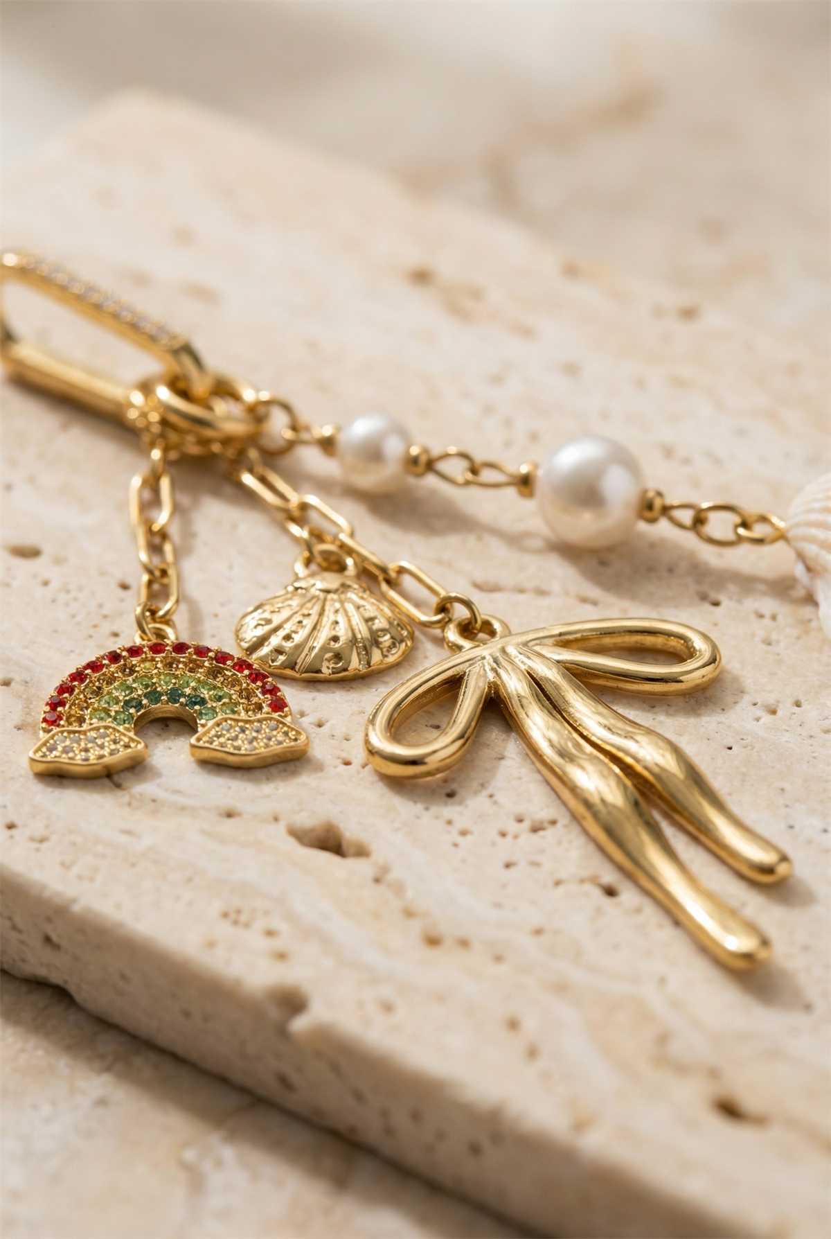 Stoned Bow Bikini Charm Gold