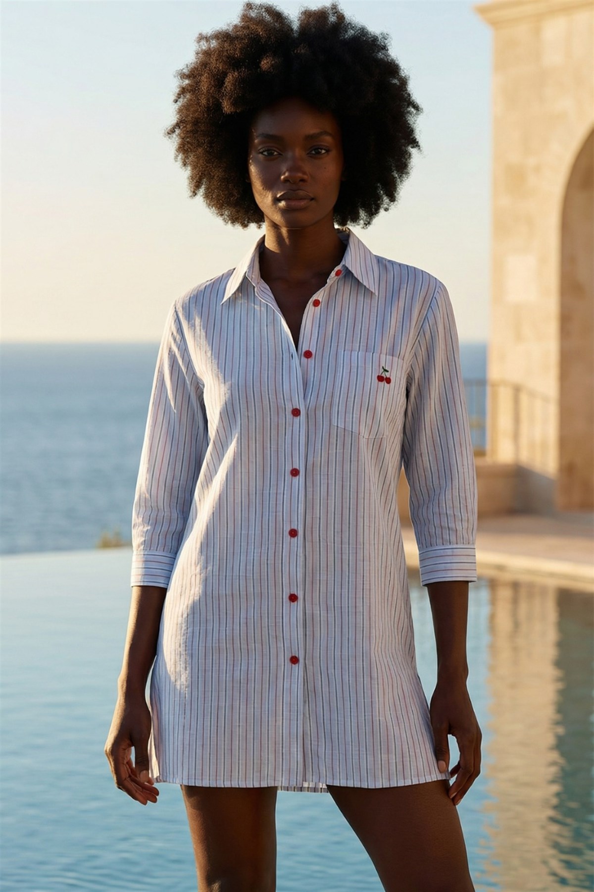 Womens Mediterranean Cherry Embroidered Button-Up Blue Beach Shirt