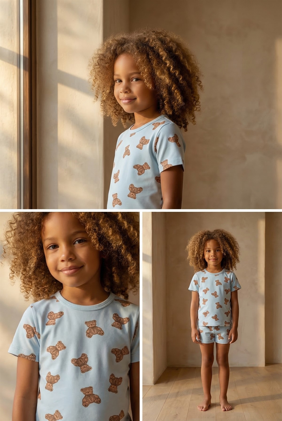 Childrens Teddy Patterned Packed Pajama Set With Shorts