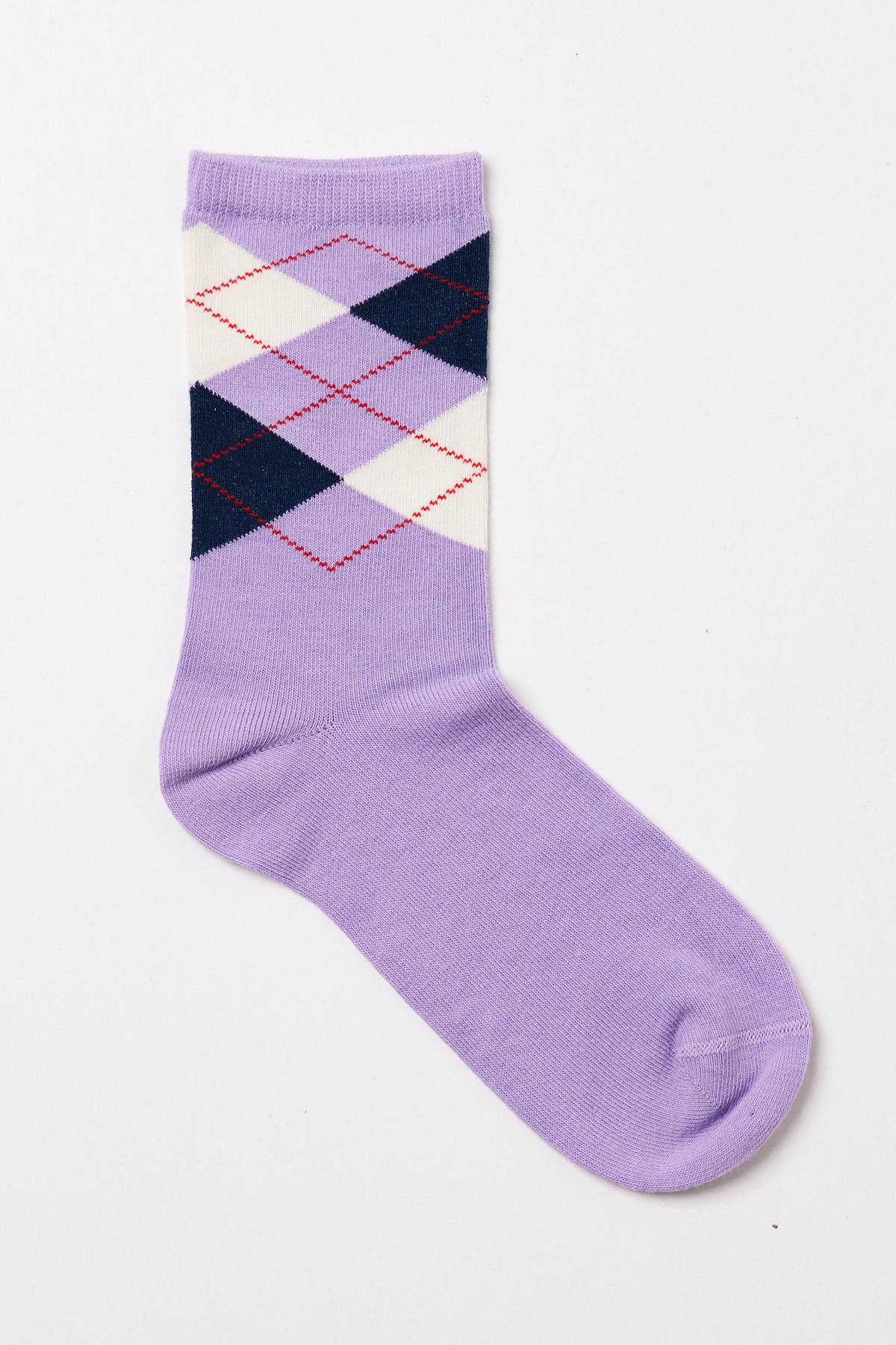 Plaid Patterned Cotton Womens Ankle Socks Purple
