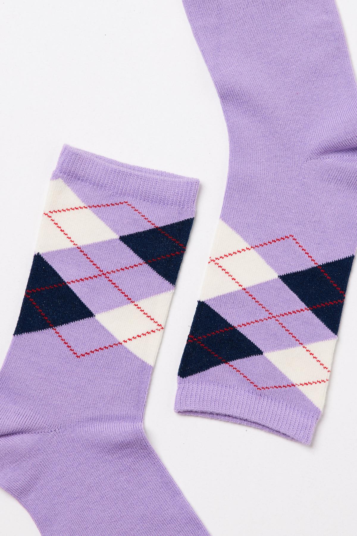 Plaid Patterned Cotton Womens Ankle Socks Purple