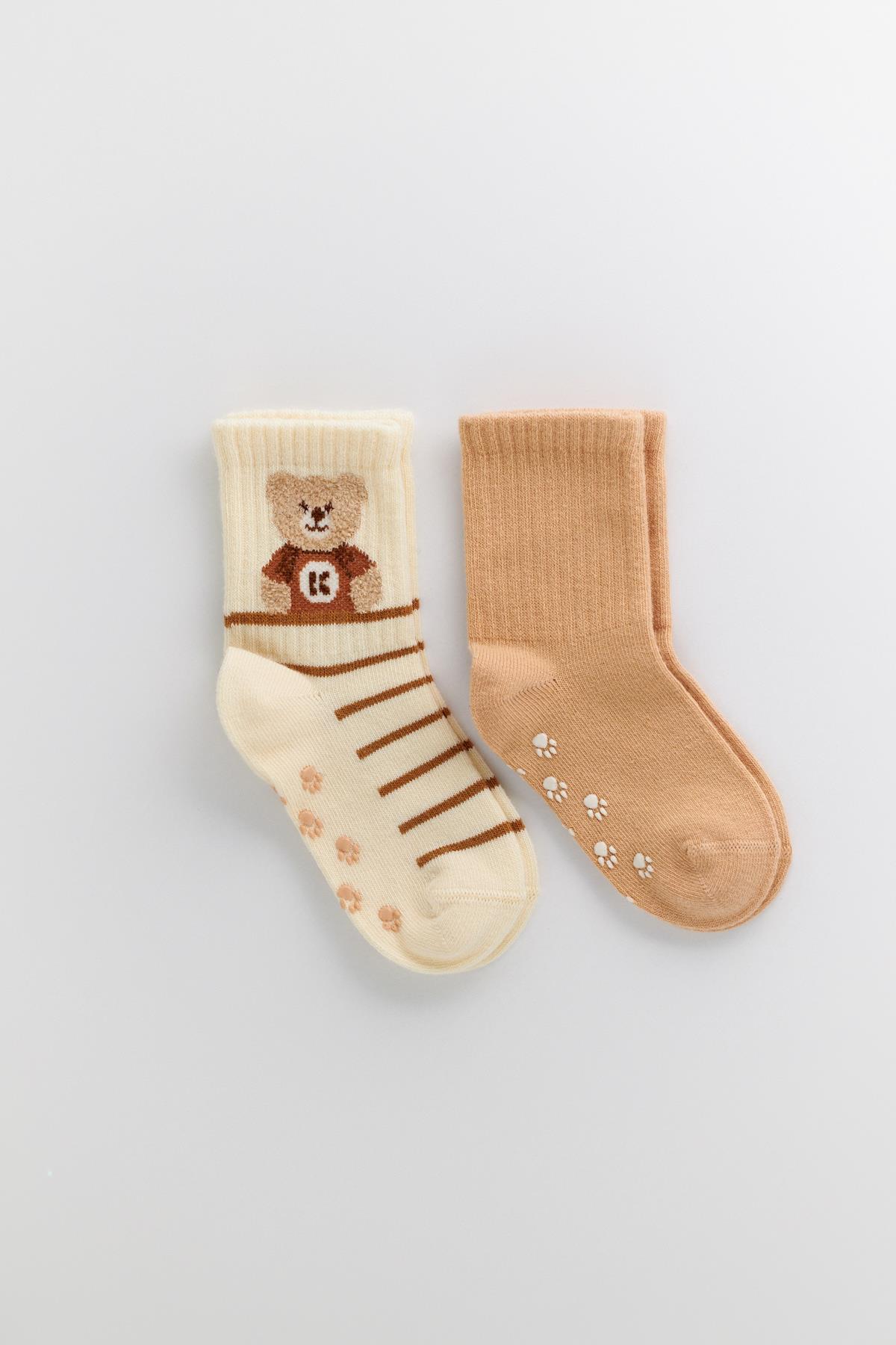 Bebek 2 li Paket Teddy Baskılı Soket Çorap Ekru-Açık Kahverengi