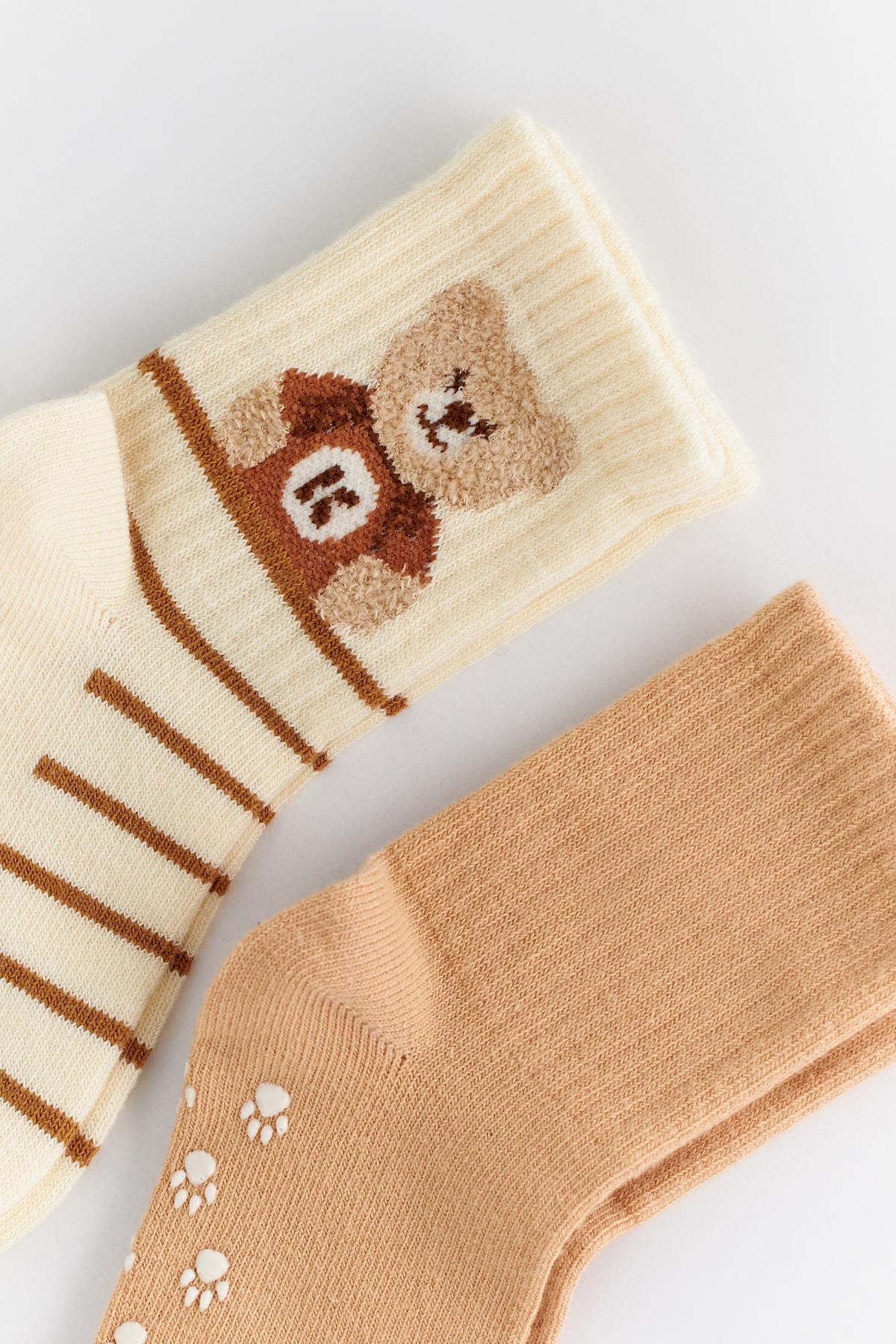 Bebek 2 li Paket Teddy Baskılı Soket Çorap Ekru-Açık Kahverengi