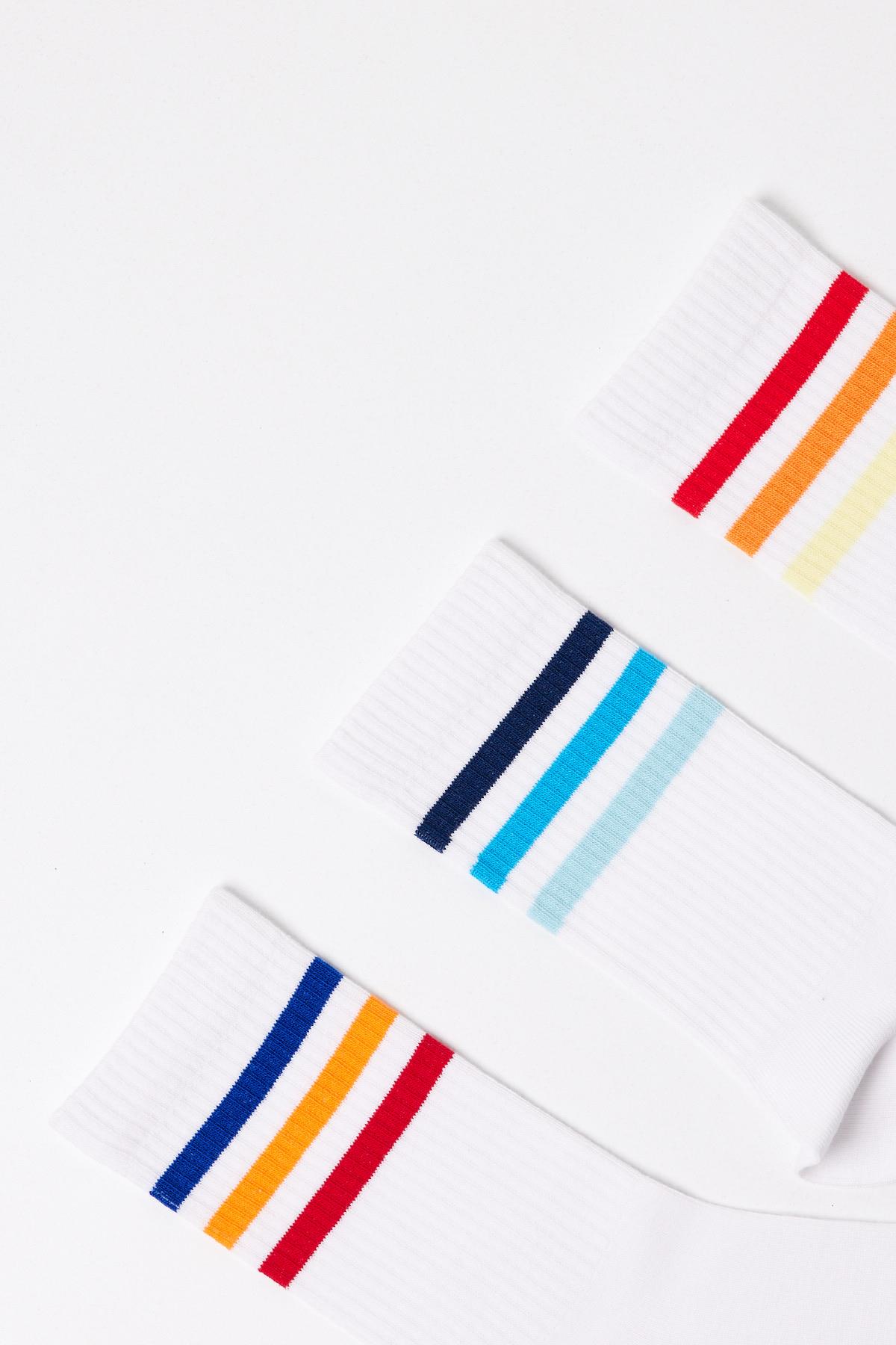 Childrens Colorful Striped 3-Pack Ankle Socks White
