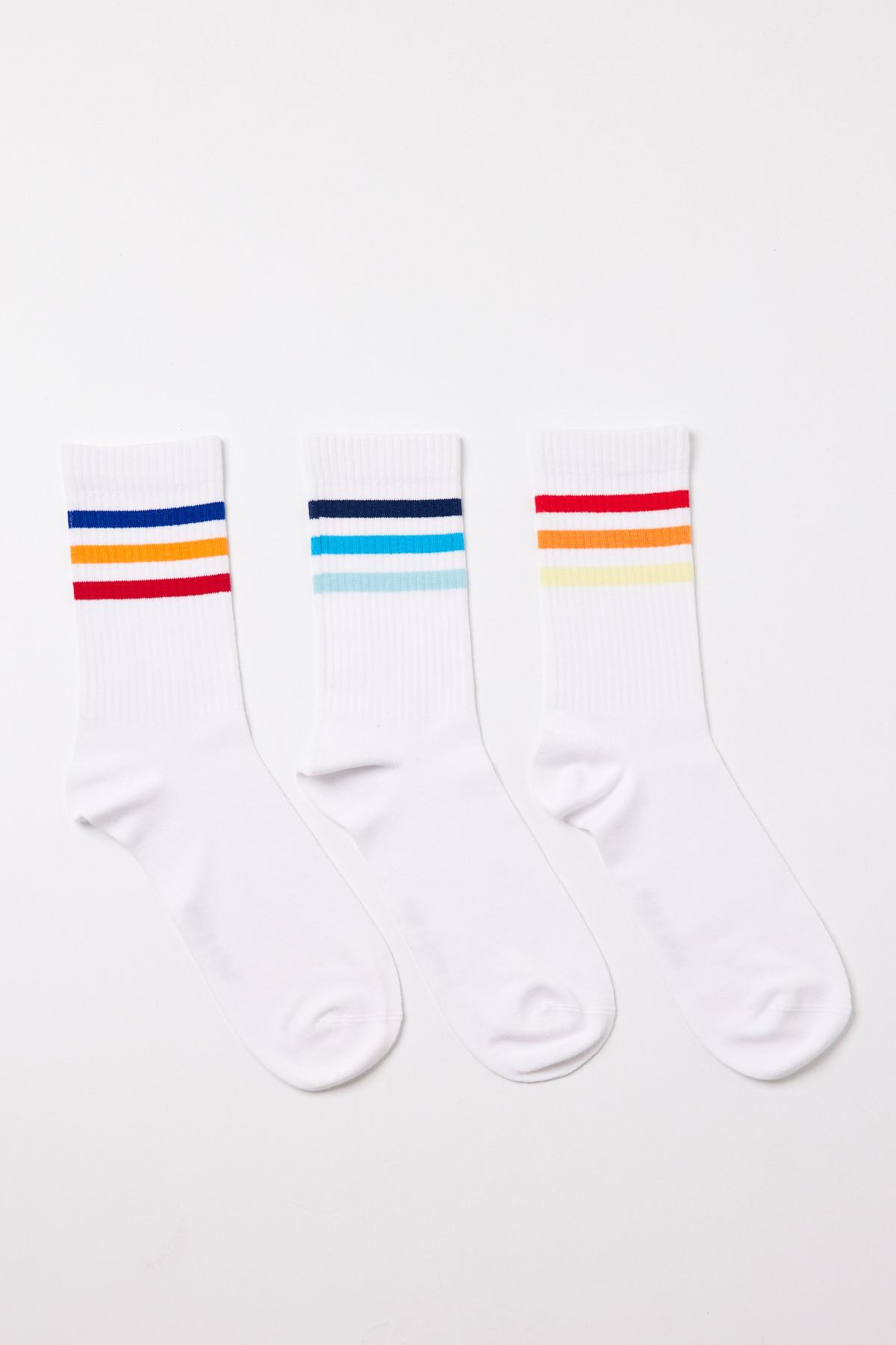 Childrens Colorful Striped 3-Pack Ankle Socks White