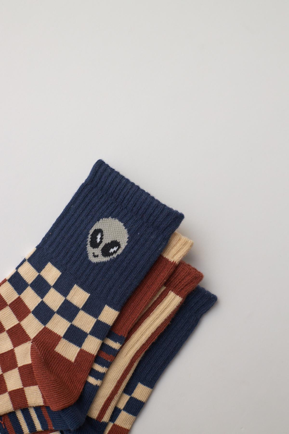 Çocuk Uzay Desenli 4 lü Paket Soket Çorap Kahverengi Karışık