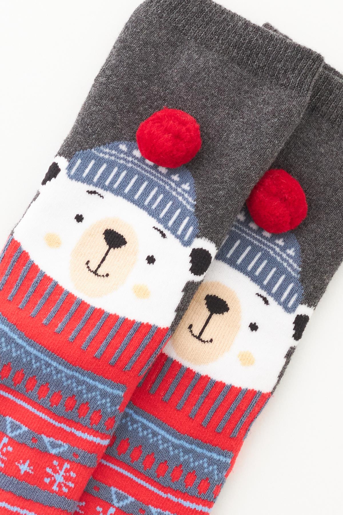 Childrens Pom-Pom Detailed Bear Christmas Sock in Gray Melange