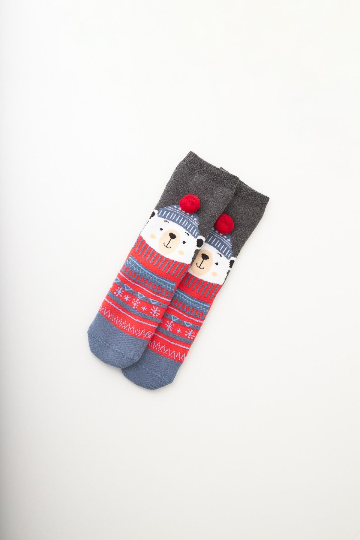 Childrens Pom-Pom Detailed Bear Christmas Sock in Gray Melange