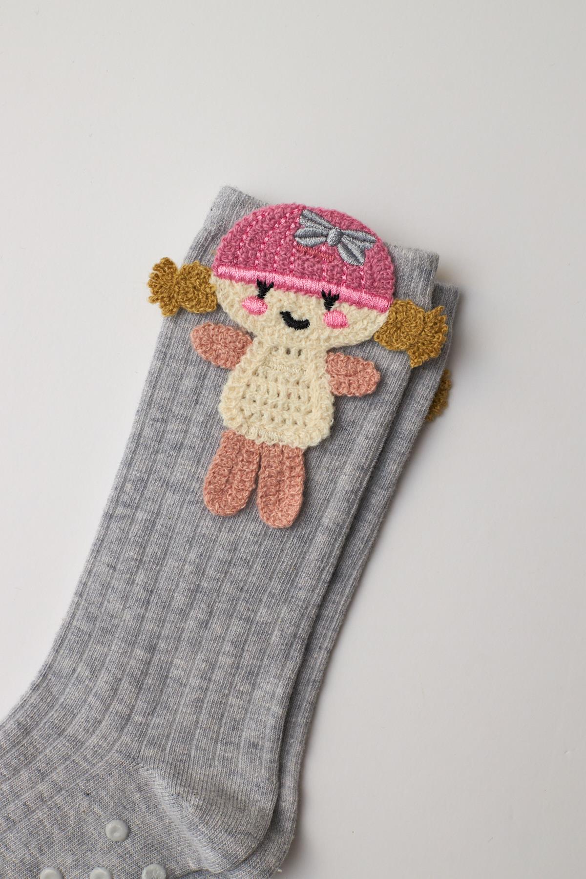 Girls Knee-High Socks with Girl Figure - Grey Melange