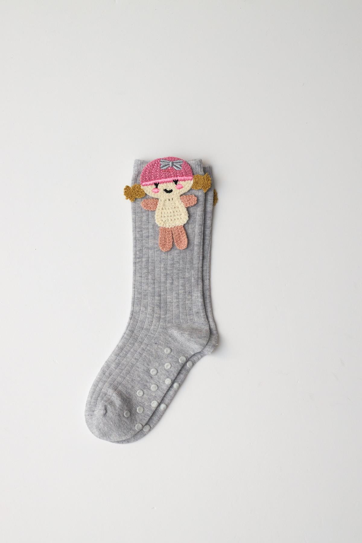 Girls Knee-High Socks with Girl Figure - Grey Melange