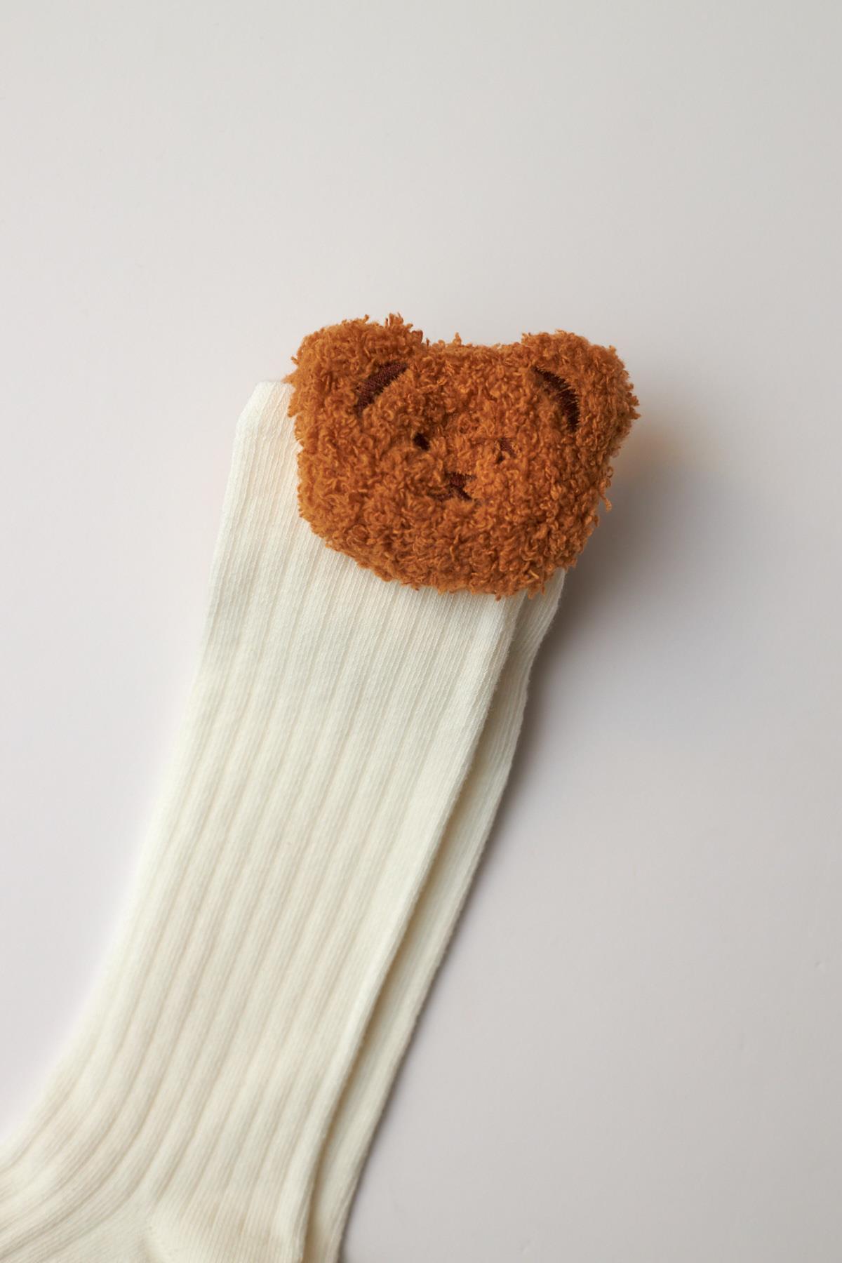 Girls Bear Detail Knee-High Socks Ecru