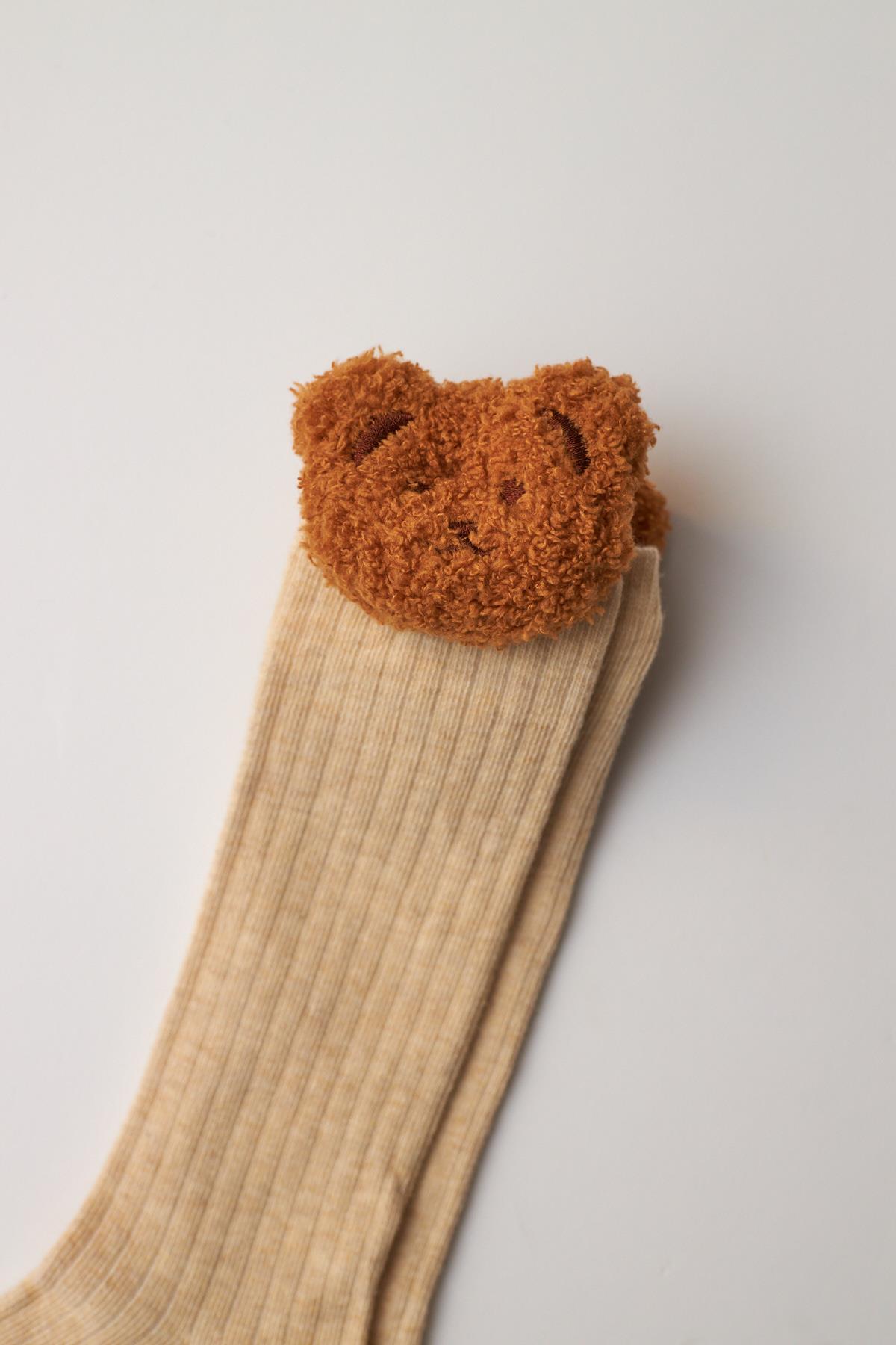 Girls Knee-High Socks with Teddy Bear Detail Beige Melange