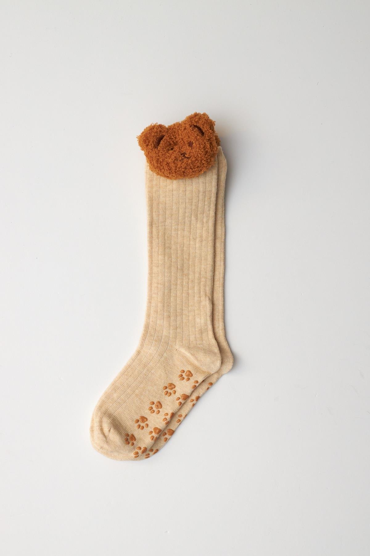 Girls Knee-High Socks with Teddy Bear Detail Beige Melange