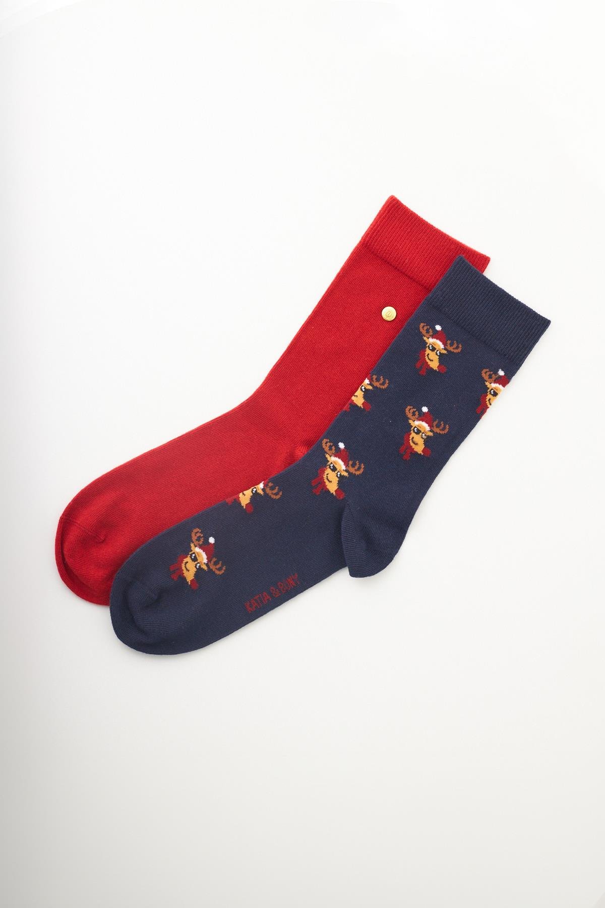 Erkek Geyik Desenli Yılbaşı Temalı 2li Soket Çorap