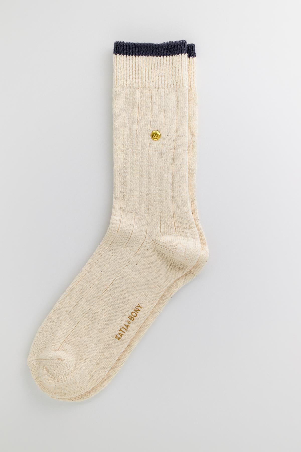 Erkek Zımbalı Ekose Soket Çorap Ekru-Lacivert