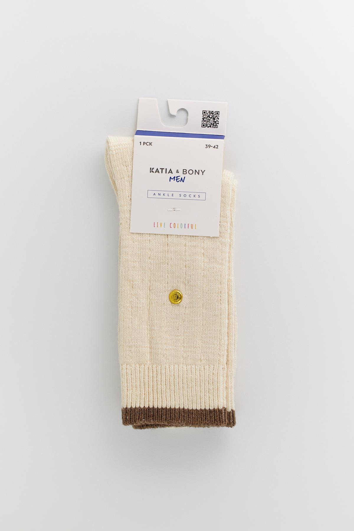 Erkek Zımbalı Ekose Soket Çorap Ekru-Kahverengi