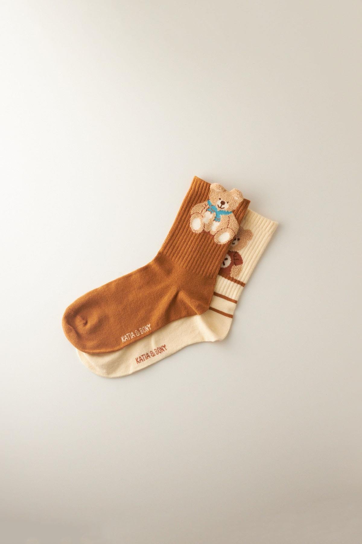 22401W3018 2 PCK TEDDY KADIN SOKET ÇORAP EKRU-KAHVE