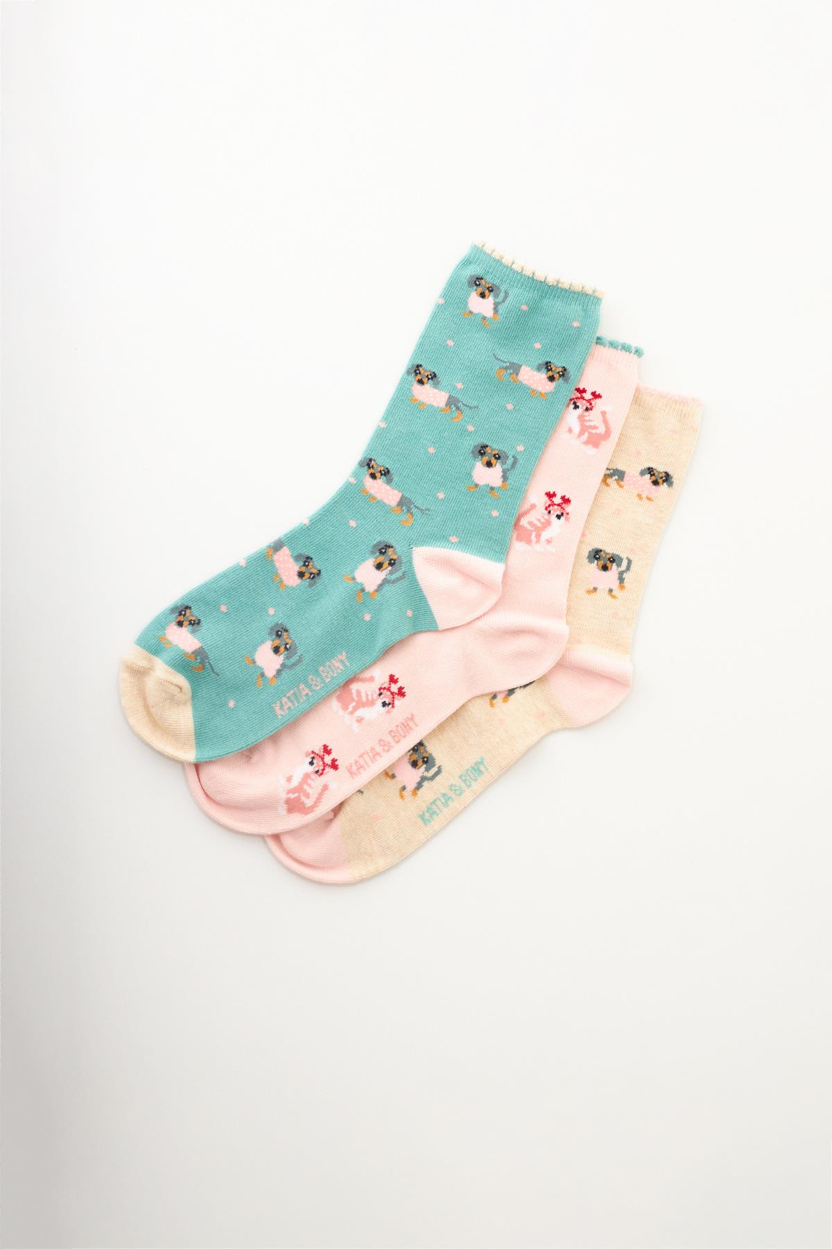 Womens Dog Patterned 3-Pack Ankle Socks