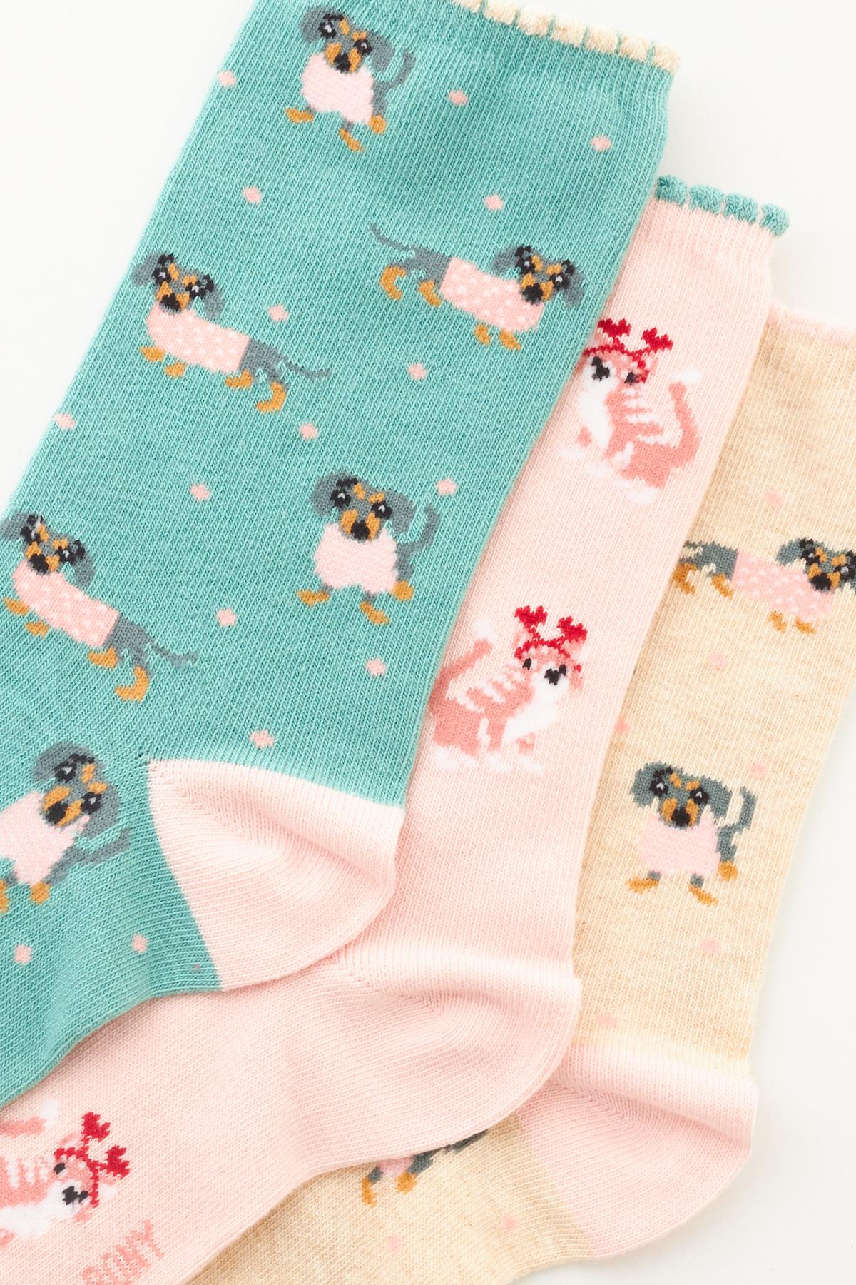 Womens Dog Patterned 3-Pack Ankle Socks