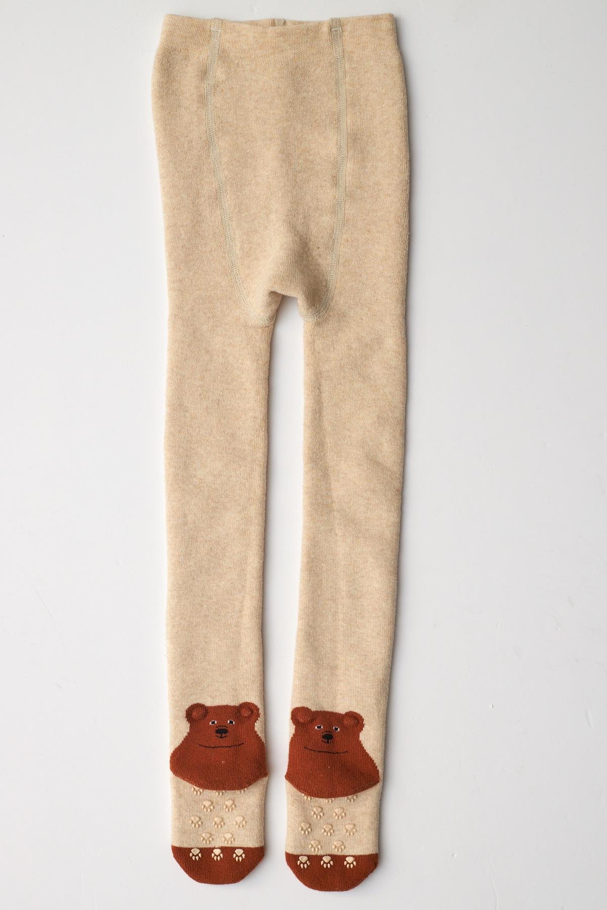 Bebek Ayıcık Desenli Külotlu Çorap Bej Melanj-Kahverengi