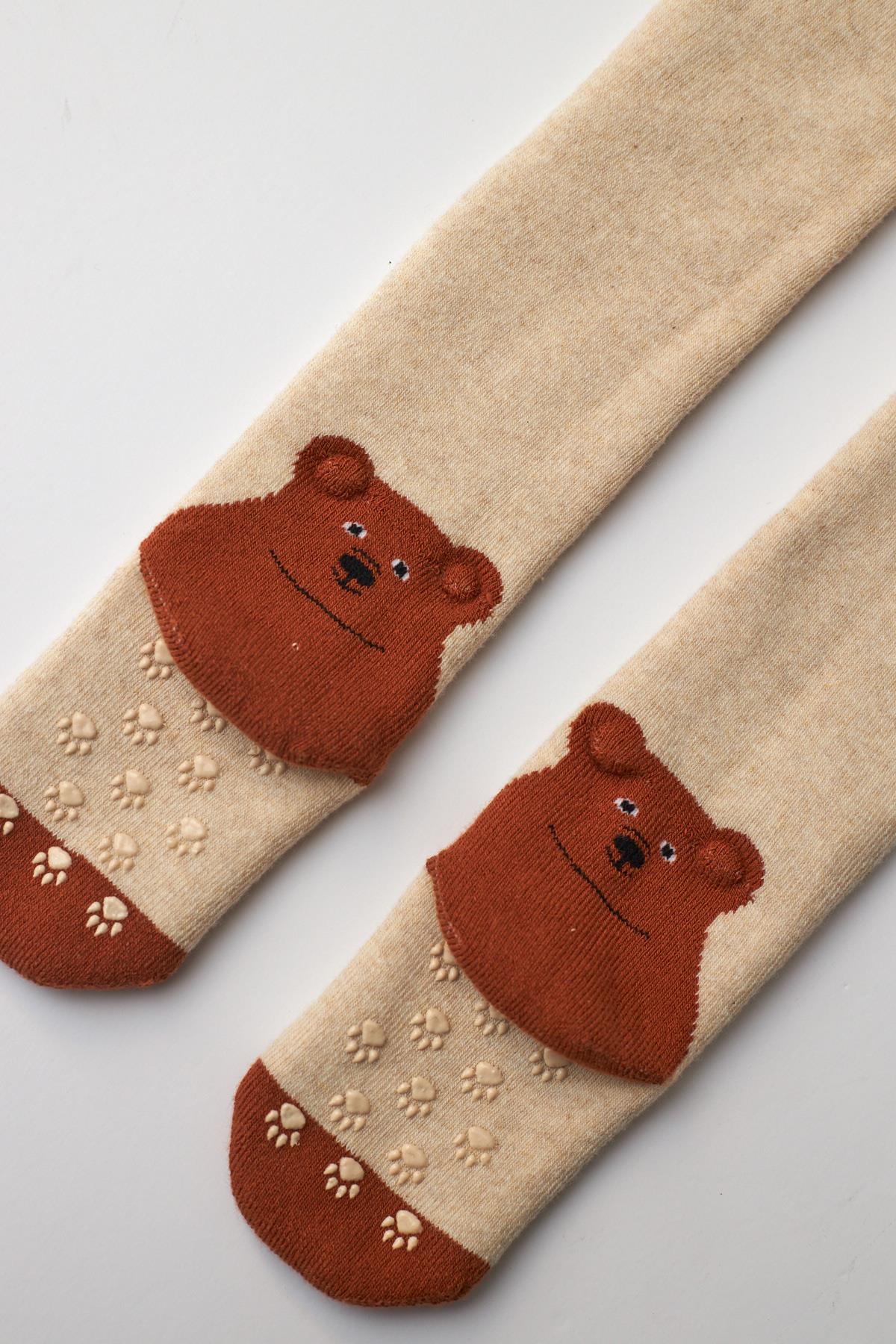 Bebek Ayıcık Desenli Külotlu Çorap Bej Melanj-Kahverengi
