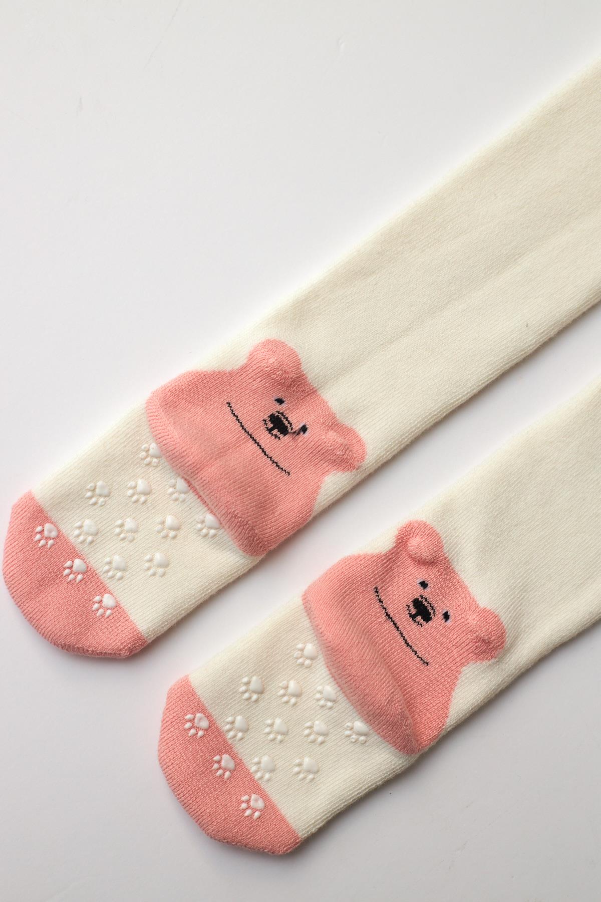 Bebek Ayıcık Desenli Külotlu Çorap Ekru-Pembe