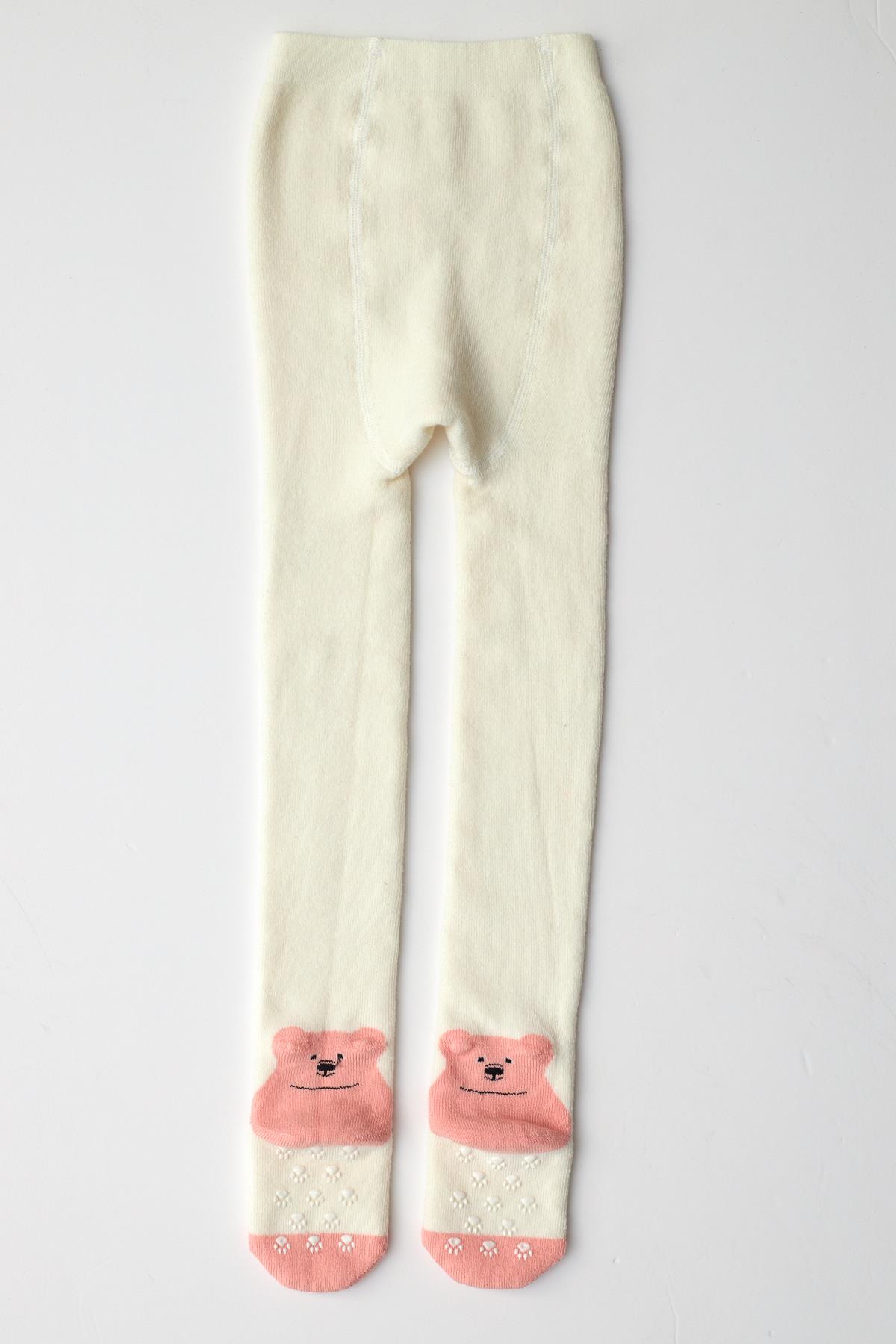Bebek Ayıcık Desenli Külotlu Çorap Ekru-Pembe
