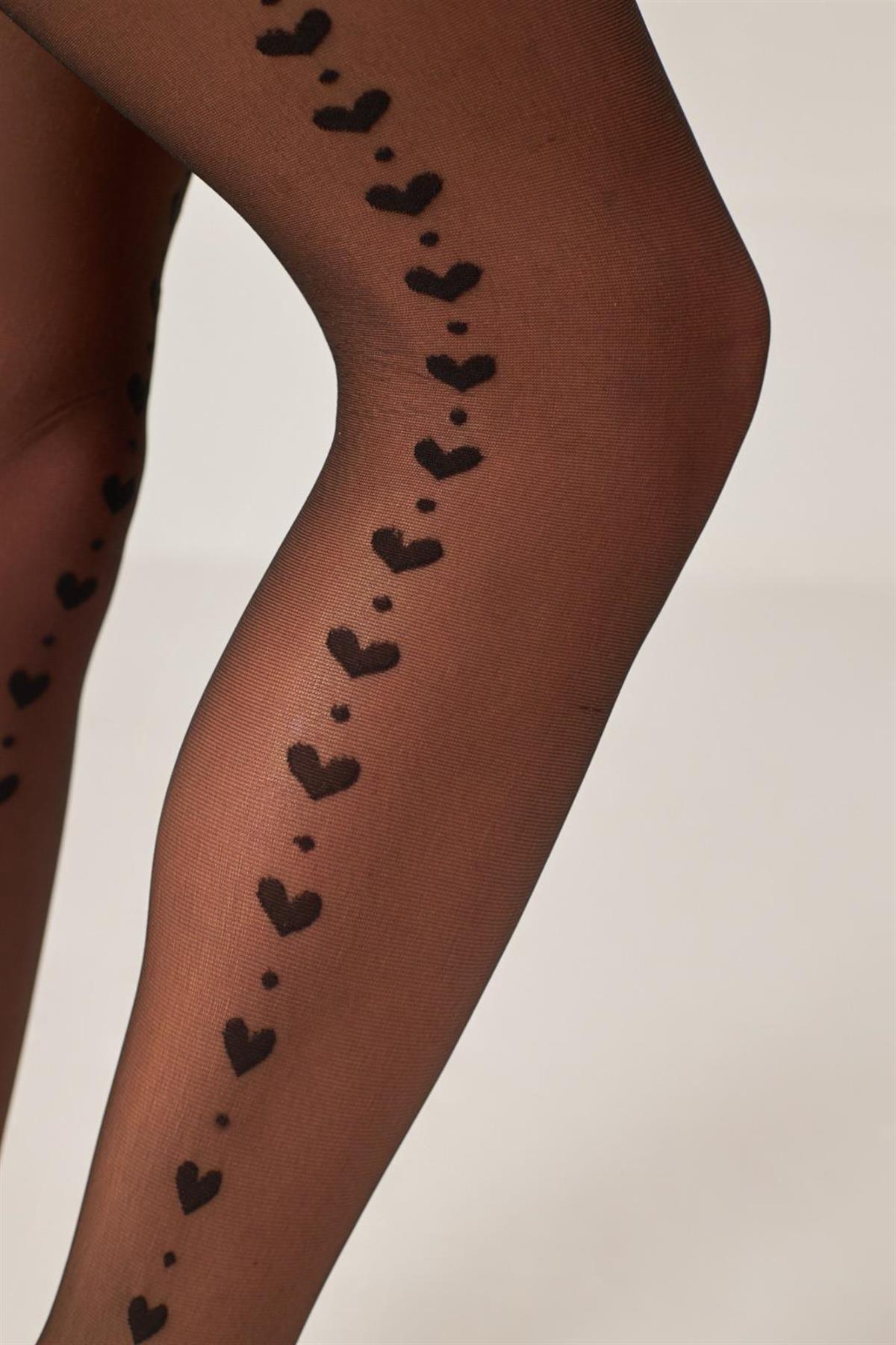 Womens Heart Patterned Thin Tights Black