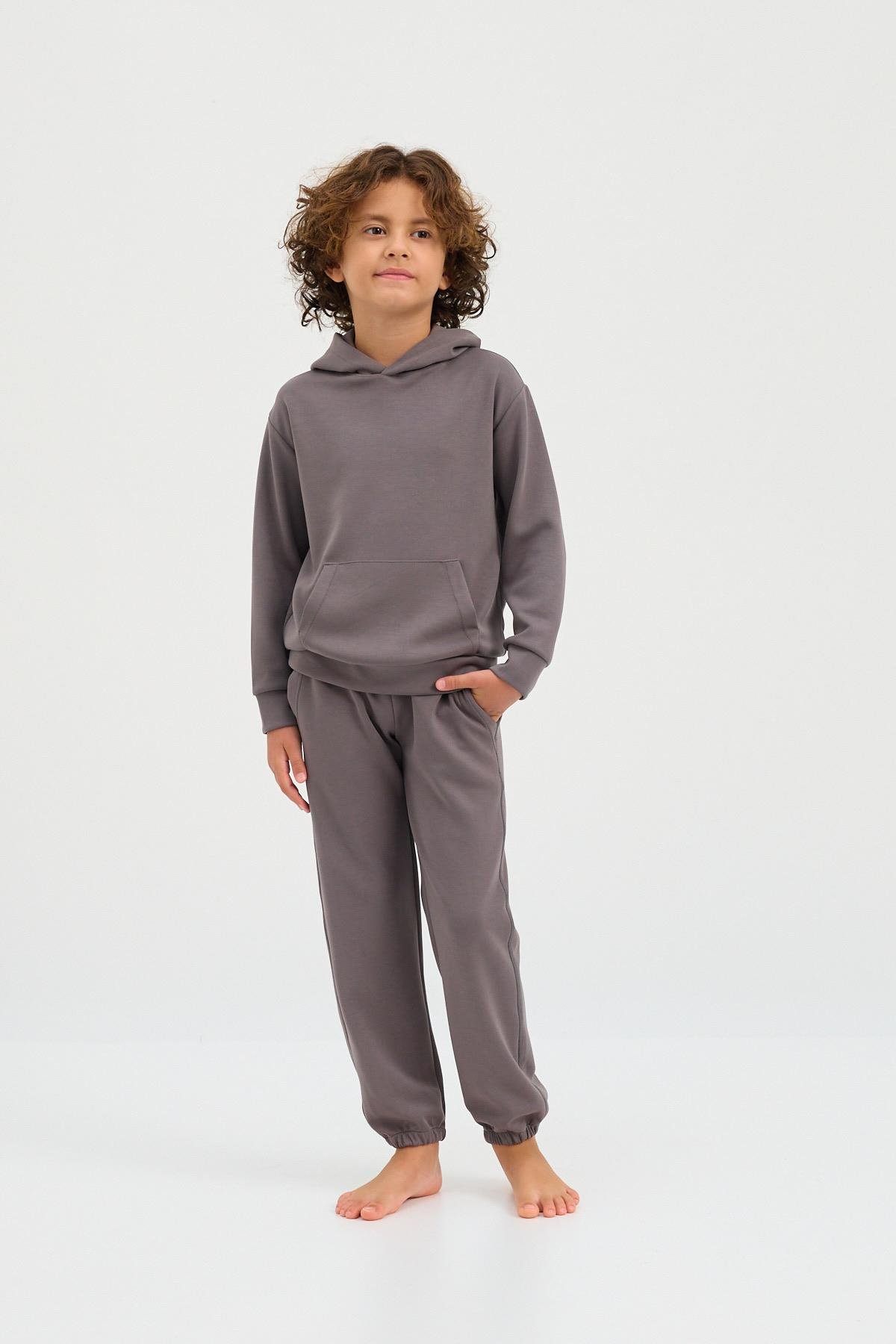 22410K2007 BASIC FLUFFY UNISEX ÇOCUK PAÇA LASTİKLİ PANTOLON KOYU GRI