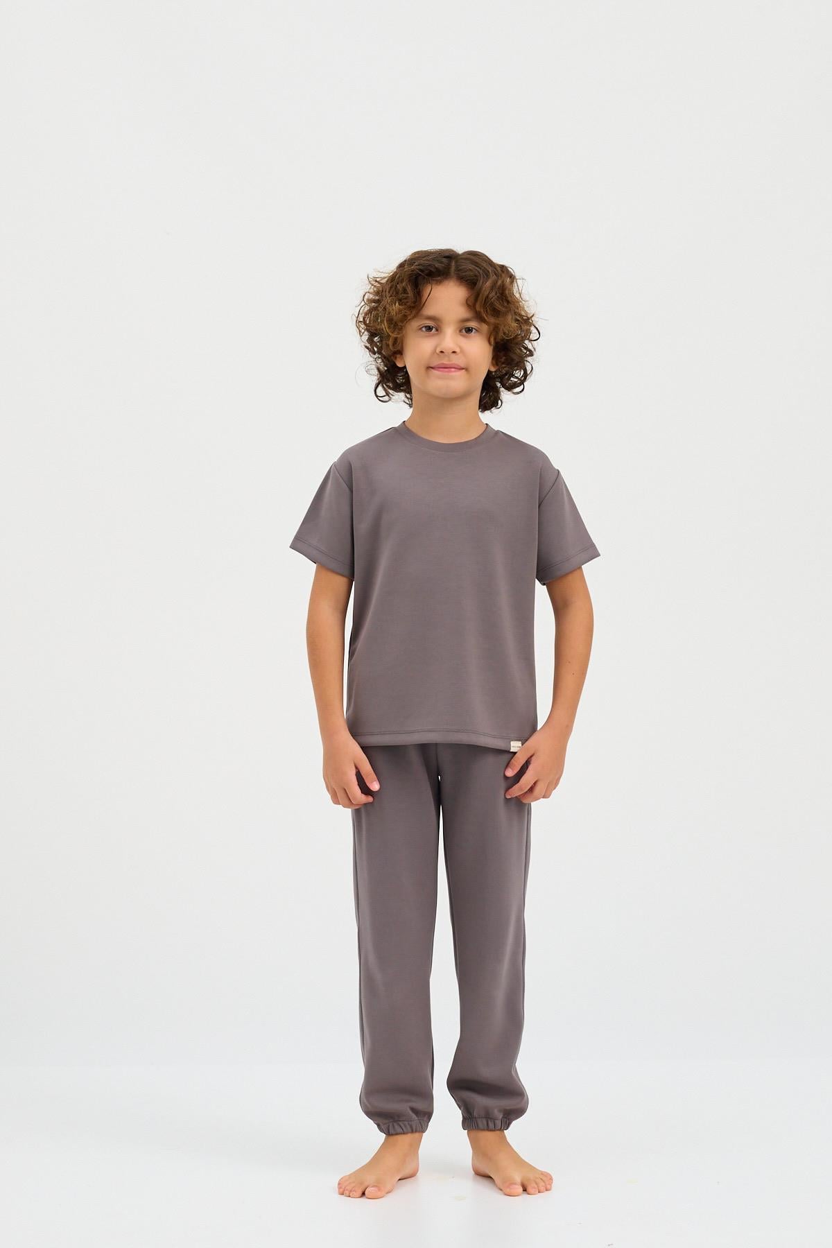 22410K2009 BASIC FLUFFY UNISEX ÇOCUK TSHIRT KOYU GRI