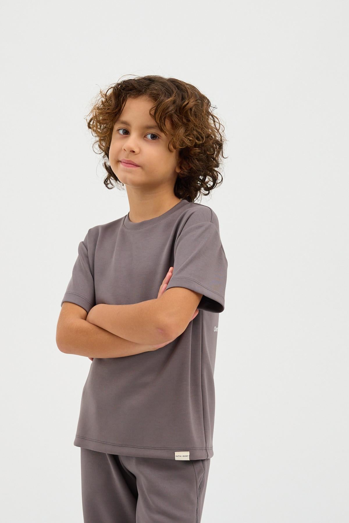 22410K2009 BASIC FLUFFY UNISEX ÇOCUK TSHIRT KOYU GRI