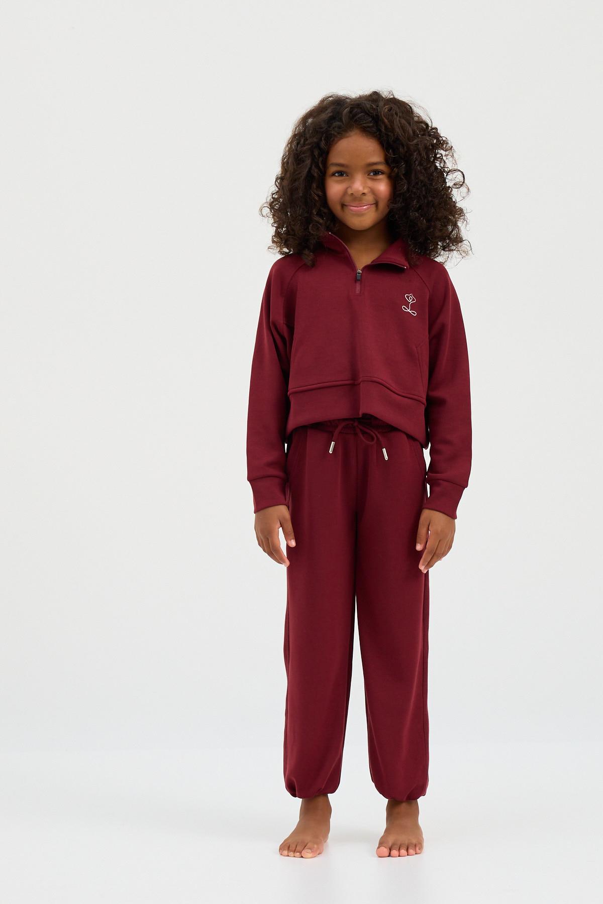 22410K2011 BASIC FLUFFY UNISEX ÇOCUK PAÇA LASTİKLİ PANTOLON BORDO