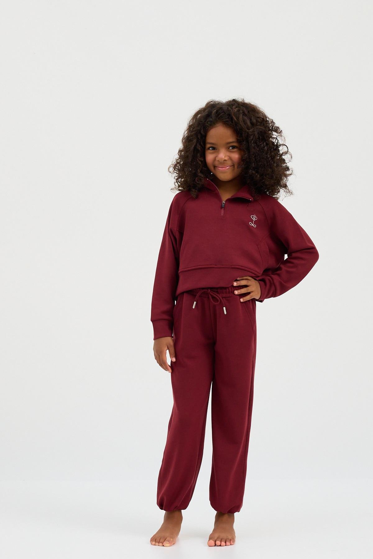22410K2011 BASIC FLUFFY UNISEX ÇOCUK PAÇA LASTİKLİ PANTOLON BORDO