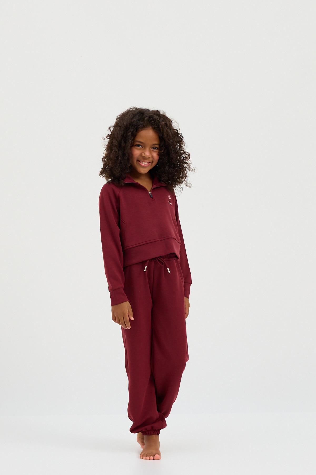 22410K2011 BASIC FLUFFY UNISEX ÇOCUK PAÇA LASTİKLİ PANTOLON BORDO