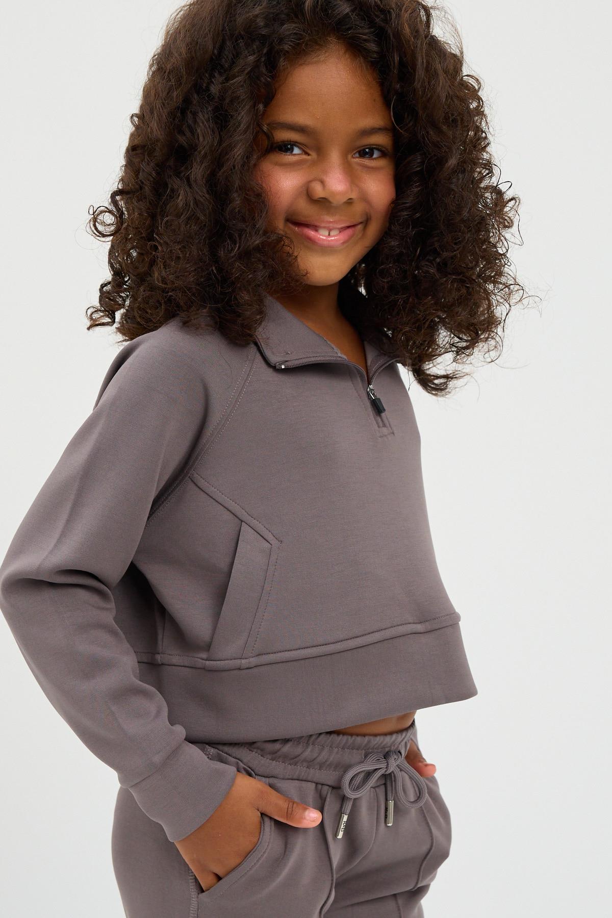 Girls Basic Fluffy Crop Top Dark Gray