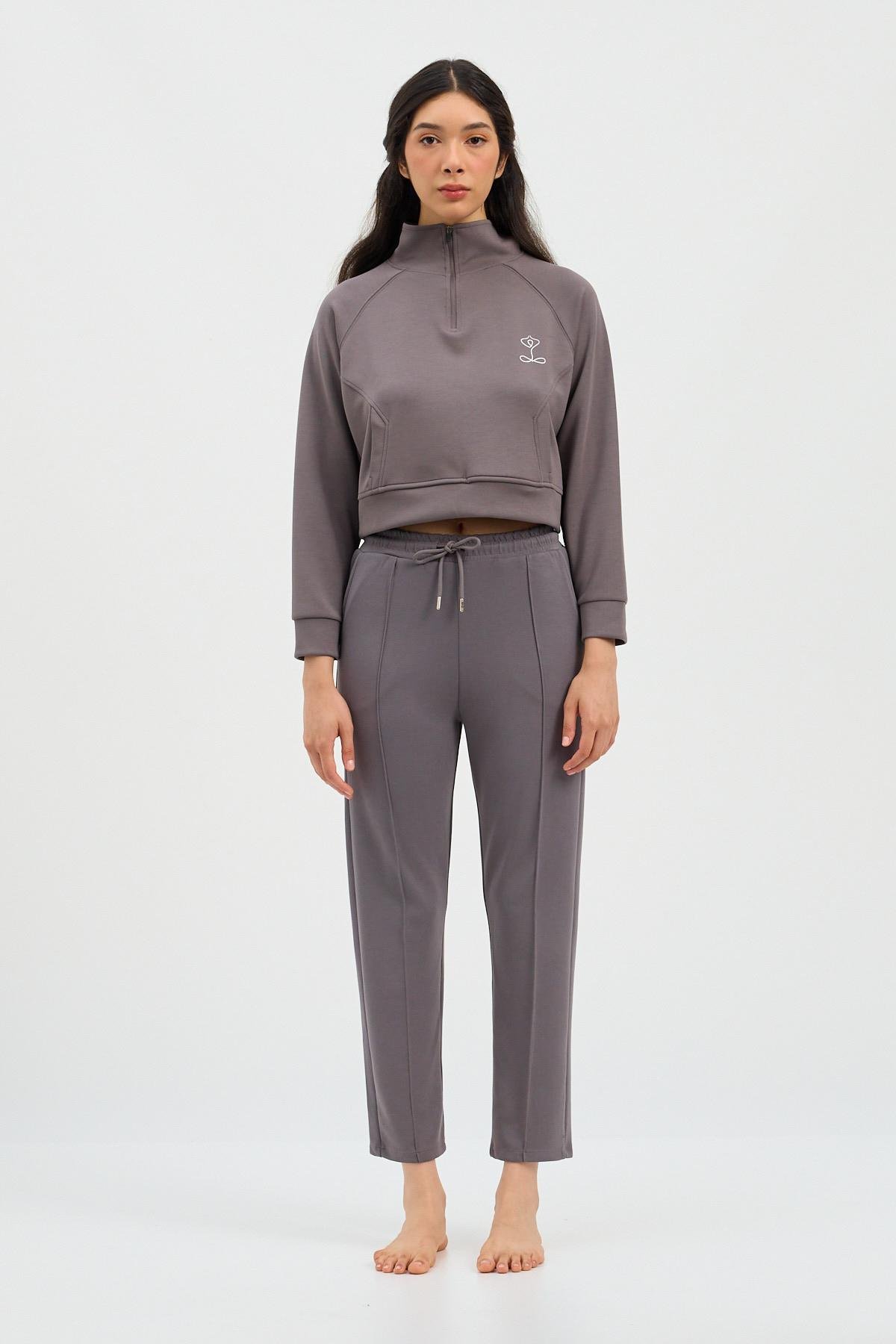 Womens Basic Fluffy Modal Crop Top Dark Grey